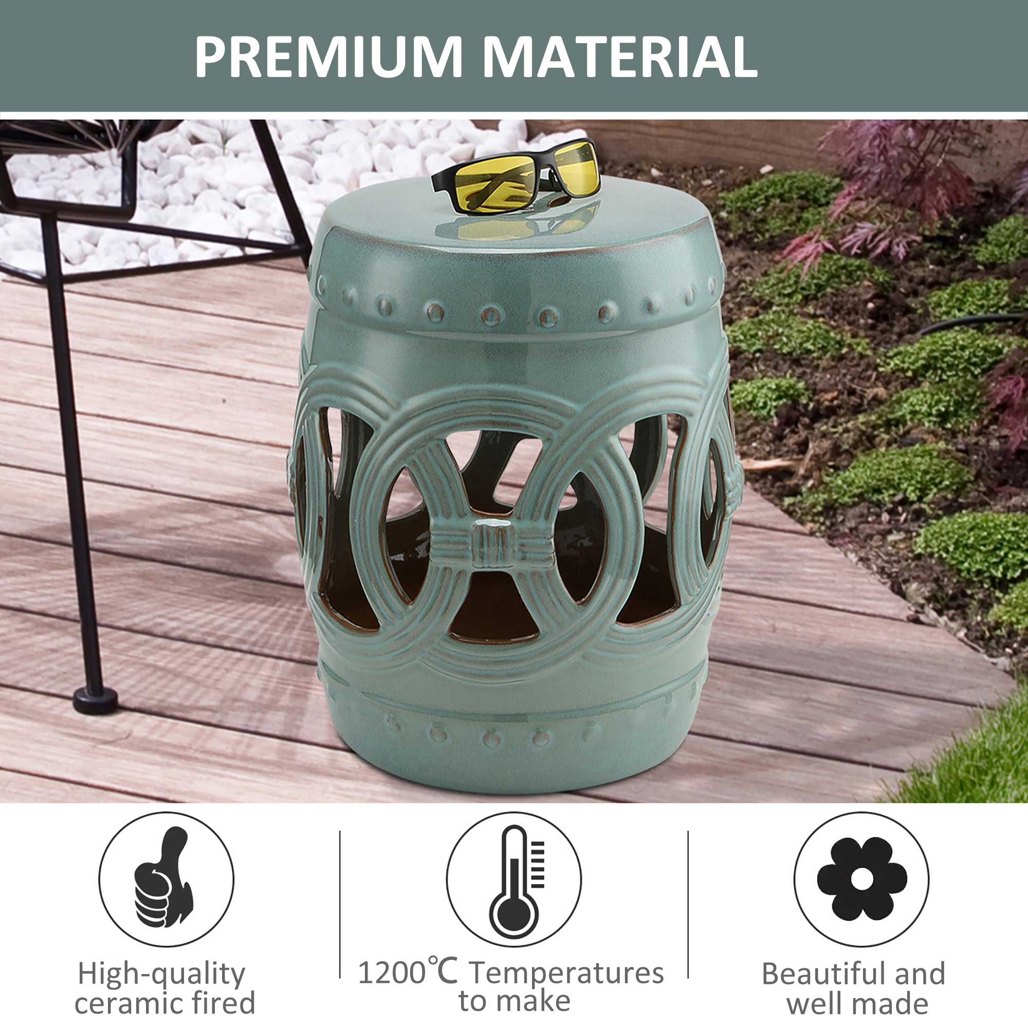 14″ x 17″ Ceramic Garden Stool with Double-Coin Knotted Ring Design & Strong Glazed Material, Decorative End Table, Home Collection, Antique Blue