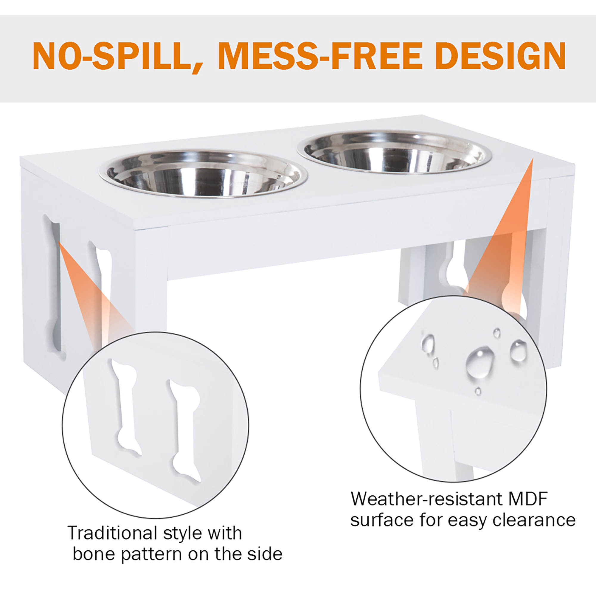  23" Modern Decorative Raised Dog Bowls, Wooden Heavy Duty Pet Food and Water Bowl, Elevated Feeding Station, White