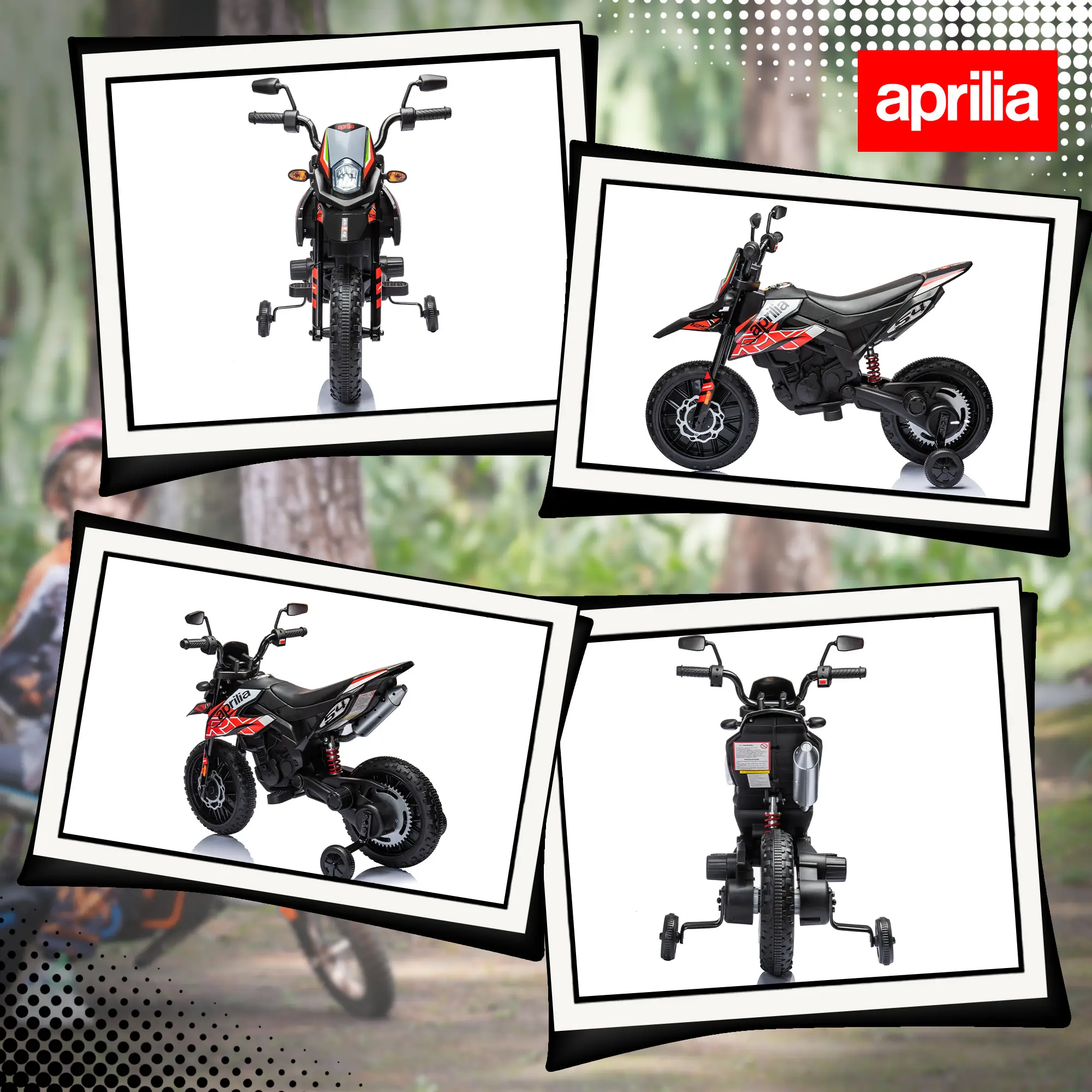 12V Aprilia Licenced Kids Motorcycle with Training Wheels, Spring Suspension, LED Light, USB, Music, Red
