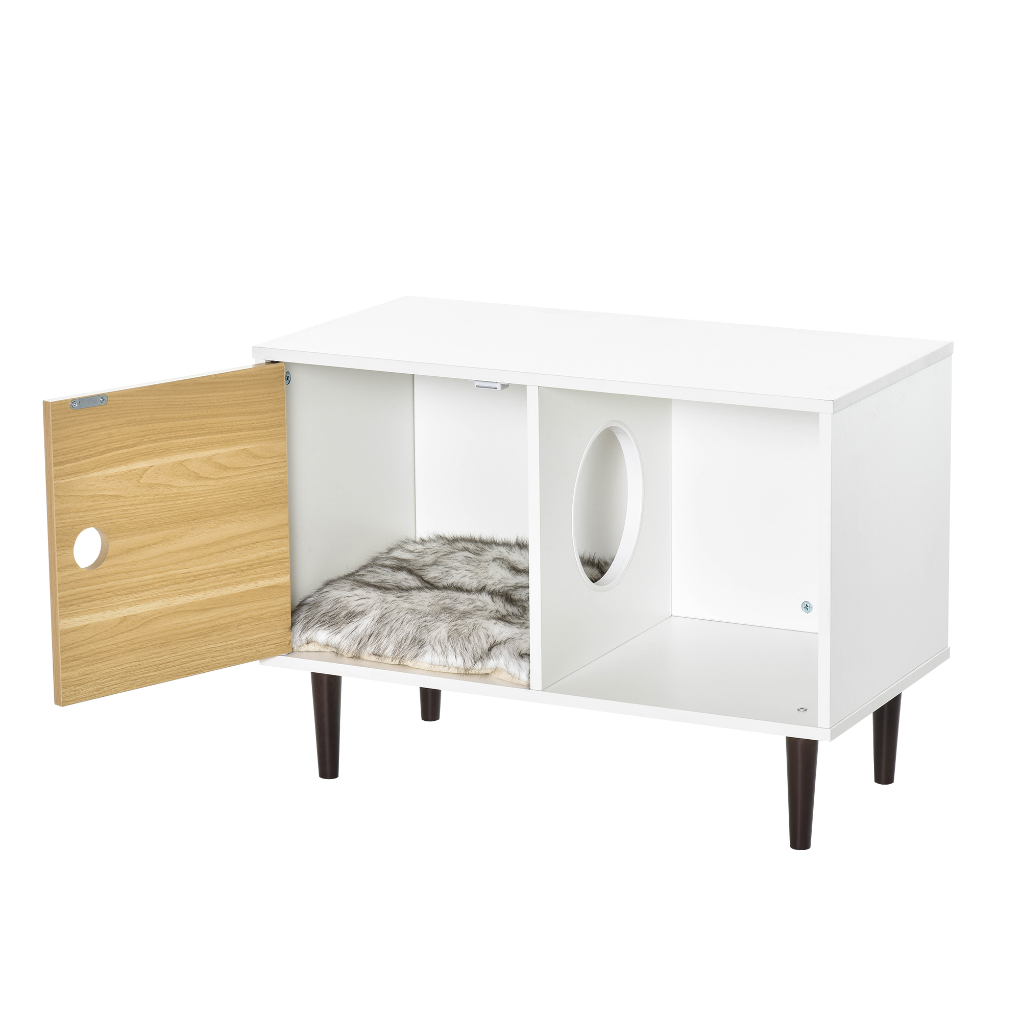  Wooden Cat House with Soft Cushion, Decorative Kitten Condo Side Table, Elevated Pet House with Storage Space