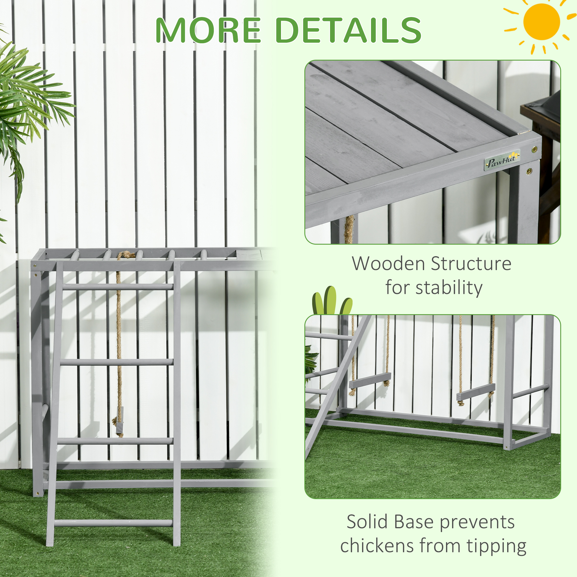  Chicken Activity Play with Swing Set for 3–4 Birds, Wooden Chicken Coop Accessory with Multiple Perches & Hen Ladder, Gray