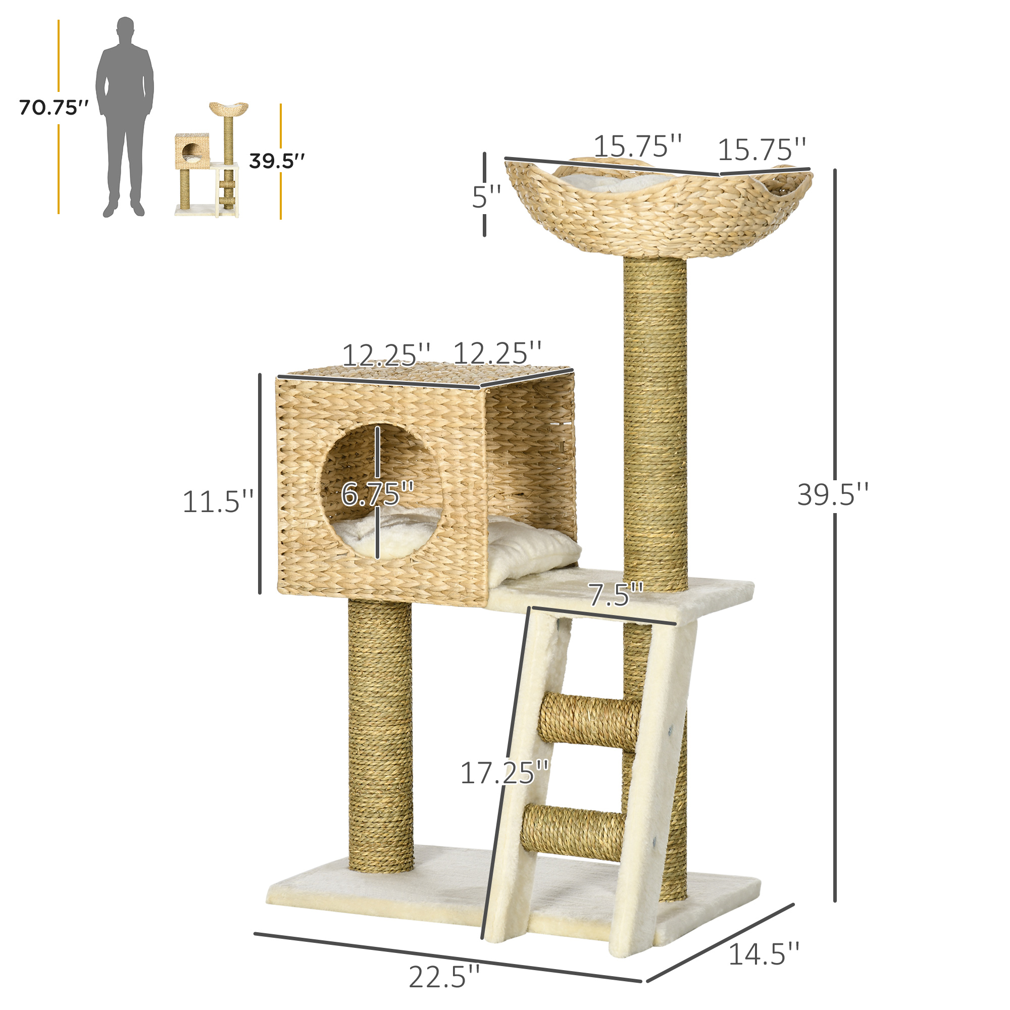  Cattail Weave Cat Tree for Indoor Cats Kitty Tower with Rattan Cat Condo, Wicker Bed, Ladder, Washable Cushions, 22.5" x 14.5" x 39.5", Natural