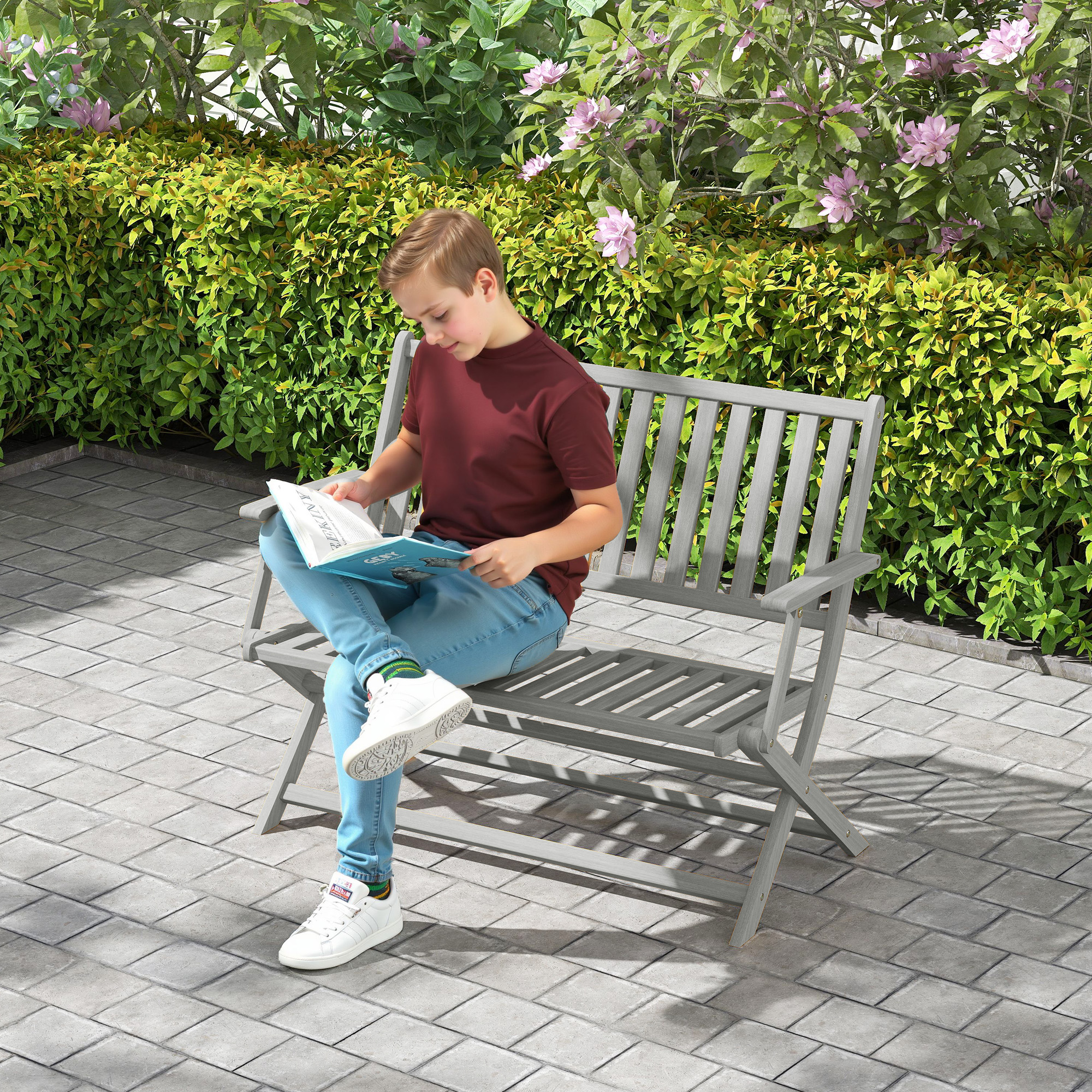 2-Person Foldable Wood Outdoor Bench with Backrest and Armrests for Garden, Porch, Park, Balcony, Gray