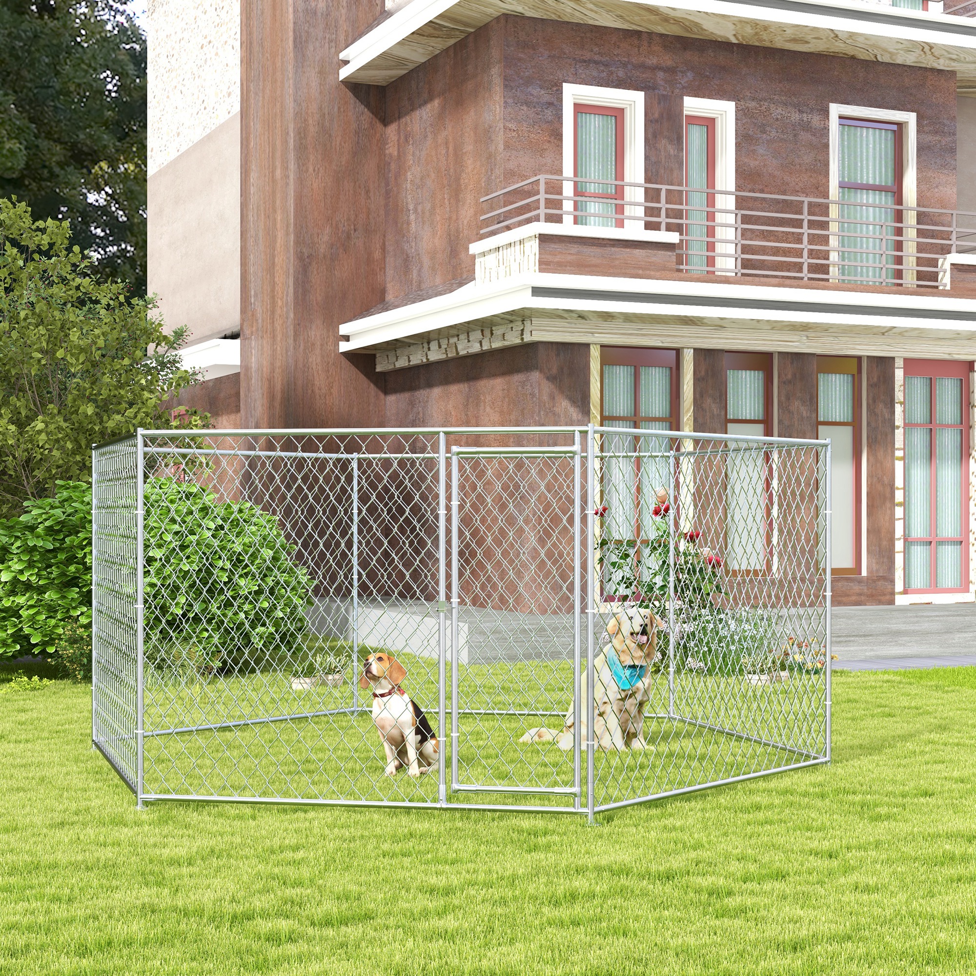  13.4' x 11.5' x 5.6' Dog Kennel Outdoor for Medium and Large-Sized Dogs with Lockable Door, Silver