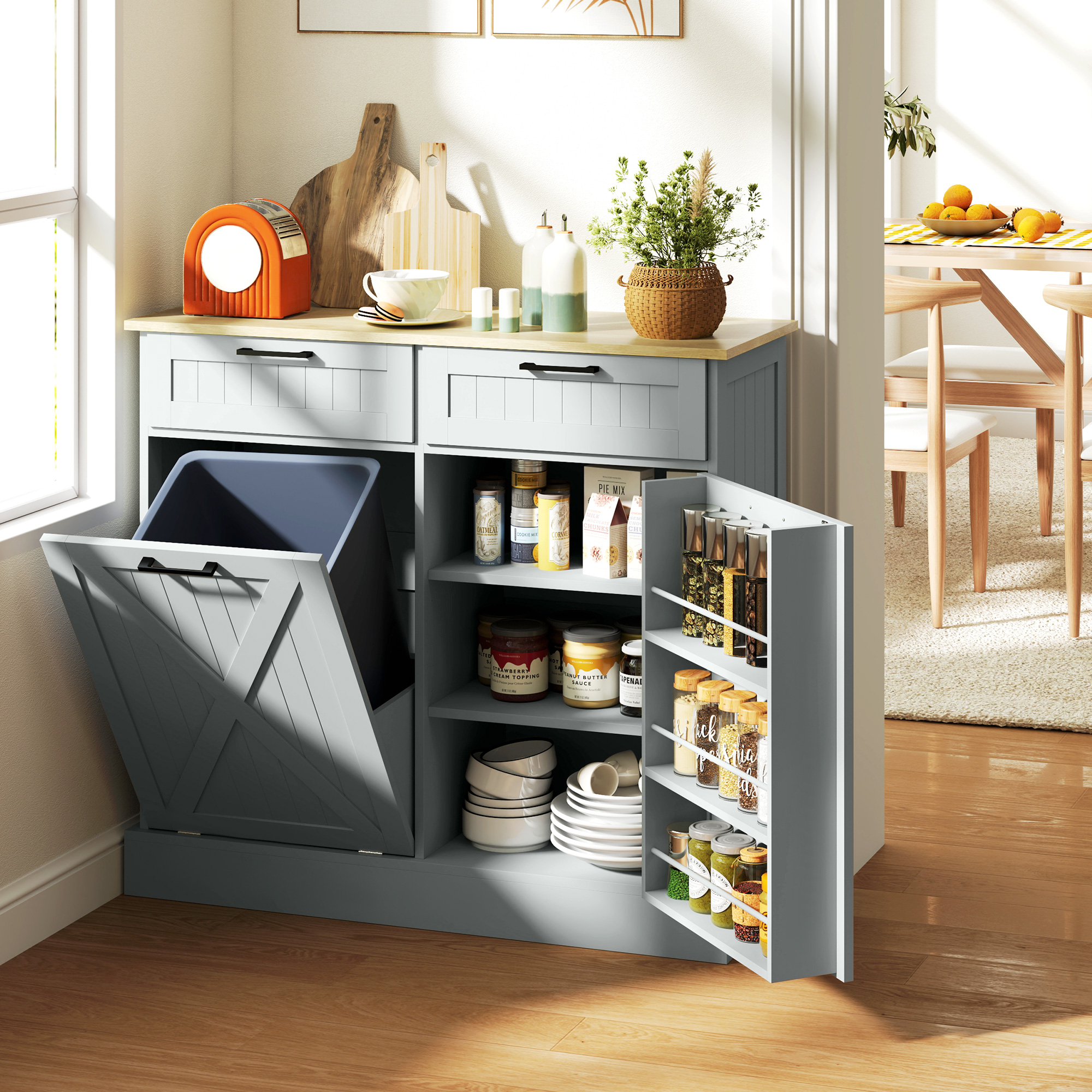 10 Gallon Farmhouse Kitchen Cabinet with Hidden Trash Can view 3
