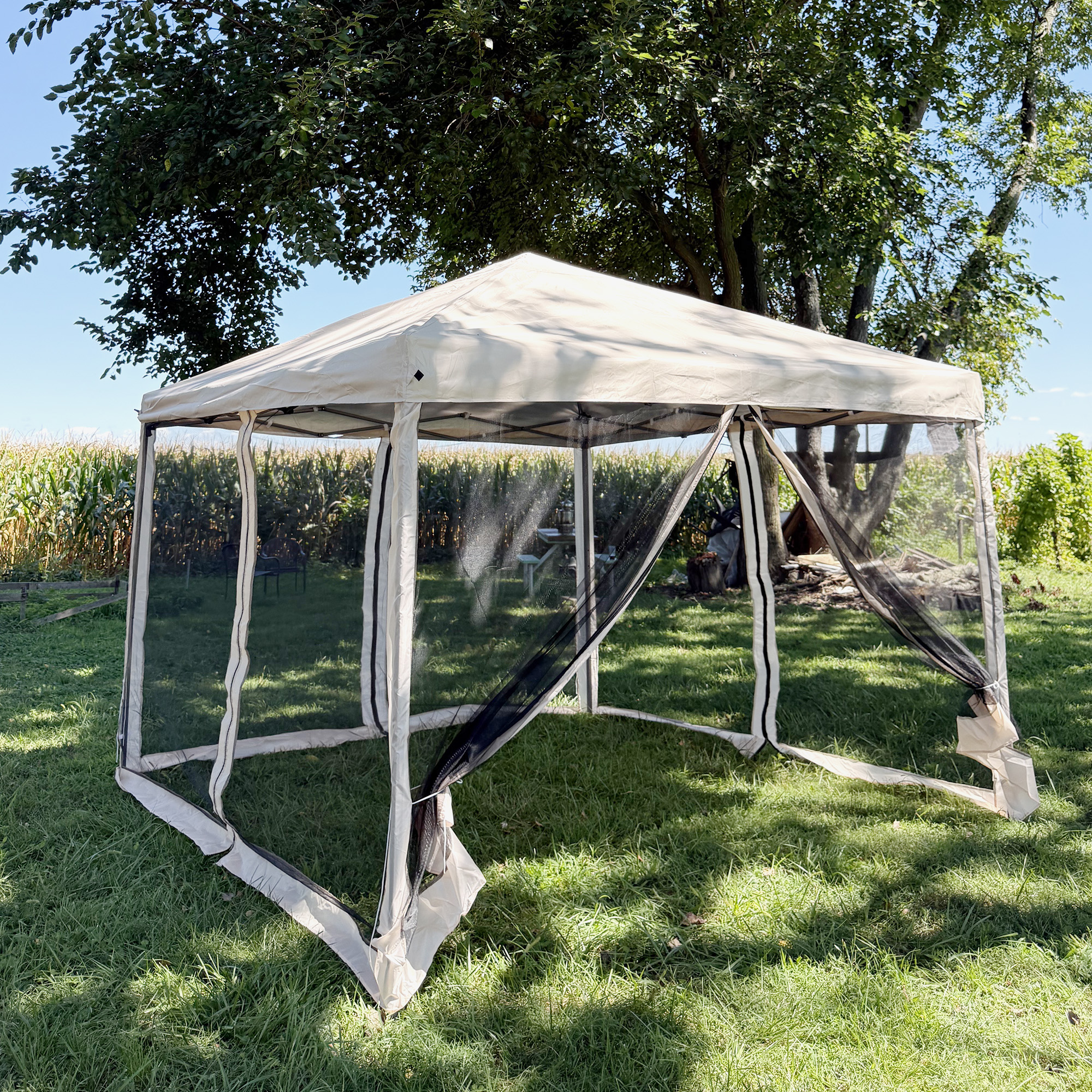10′ x 10′ Pop Up Canopy Tent with Netting, Instant Gazebo, Screen House Room with Carry Bag, Height Adjustable, for Outdoor, Garden, Patio, Camping, Beige