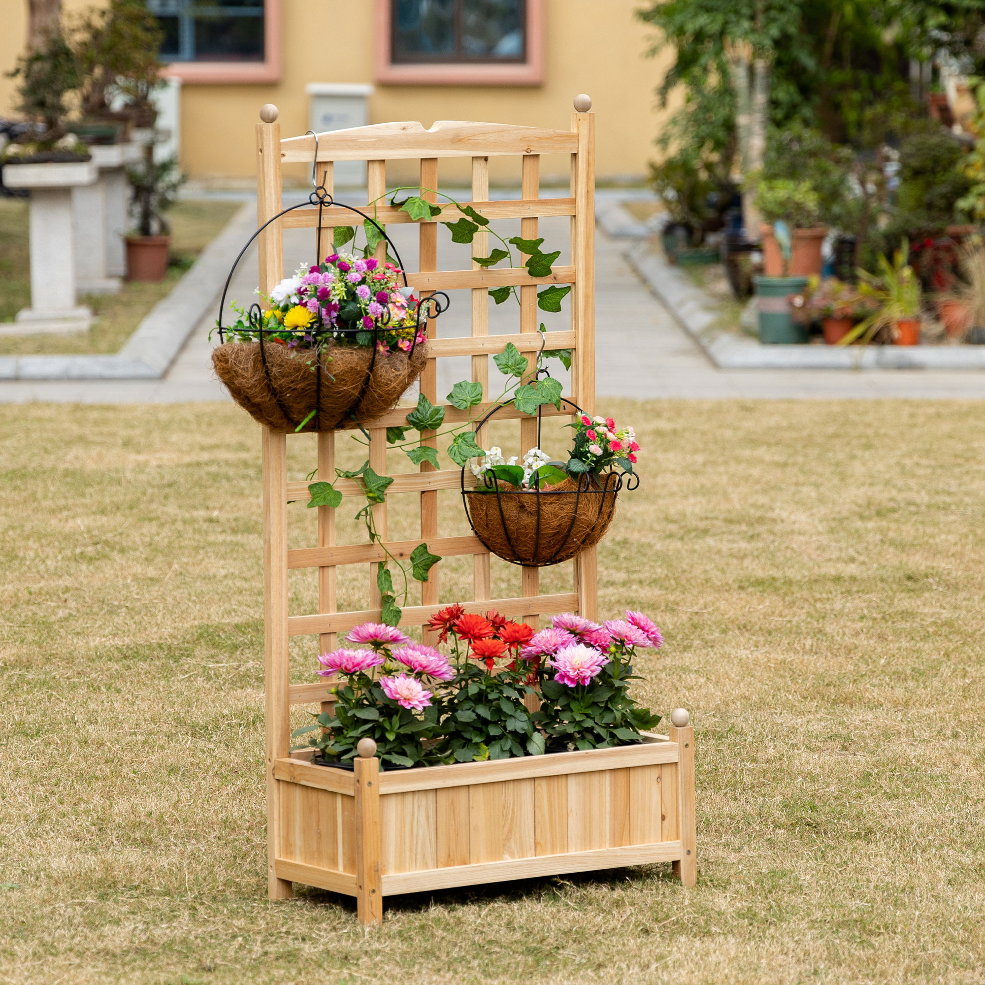 Wooden Raised Garden Bed with Trellis