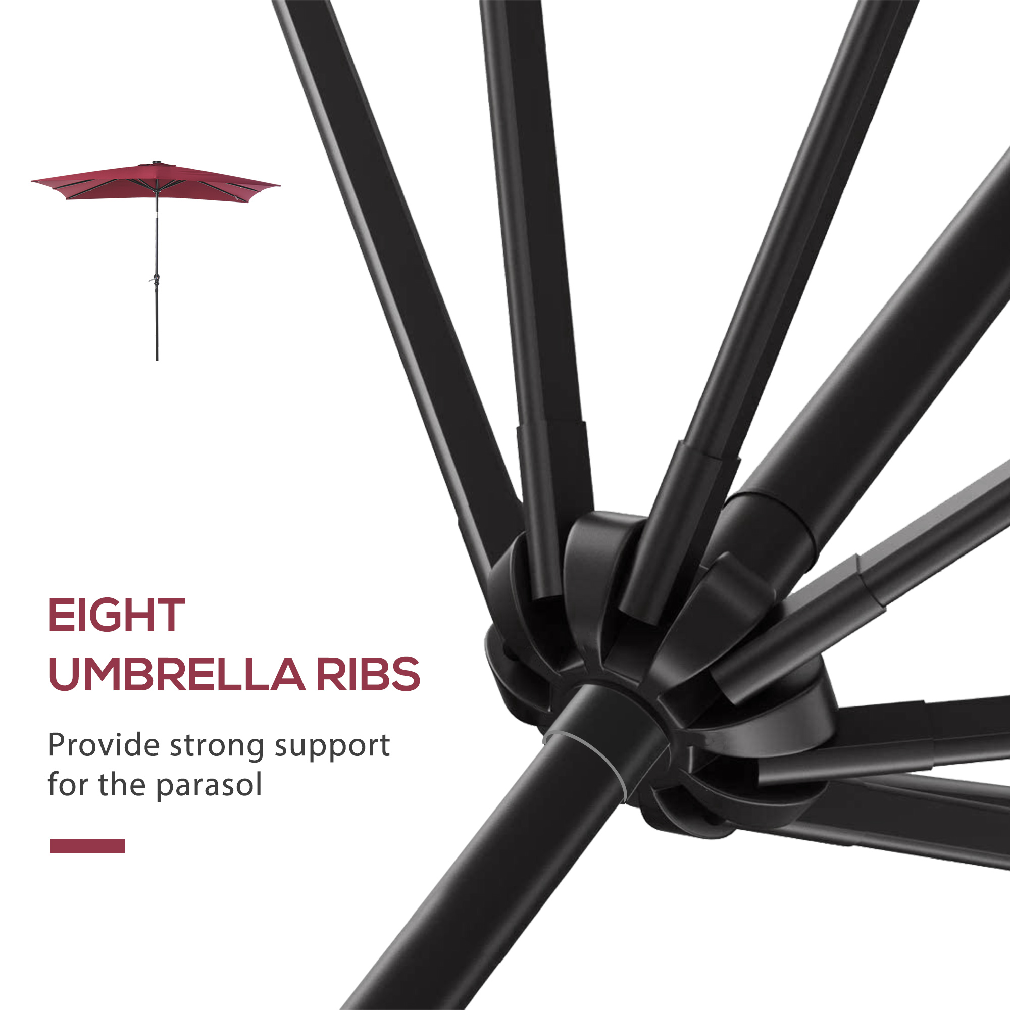 9′ x 7′ Solar Umbrella, LED Lighted Patio Umbrella for Table or Base with Tilt & Crank, Outdoor Umbrella for Garden, Deck, Backyard, Pool, Beach, Wine Red