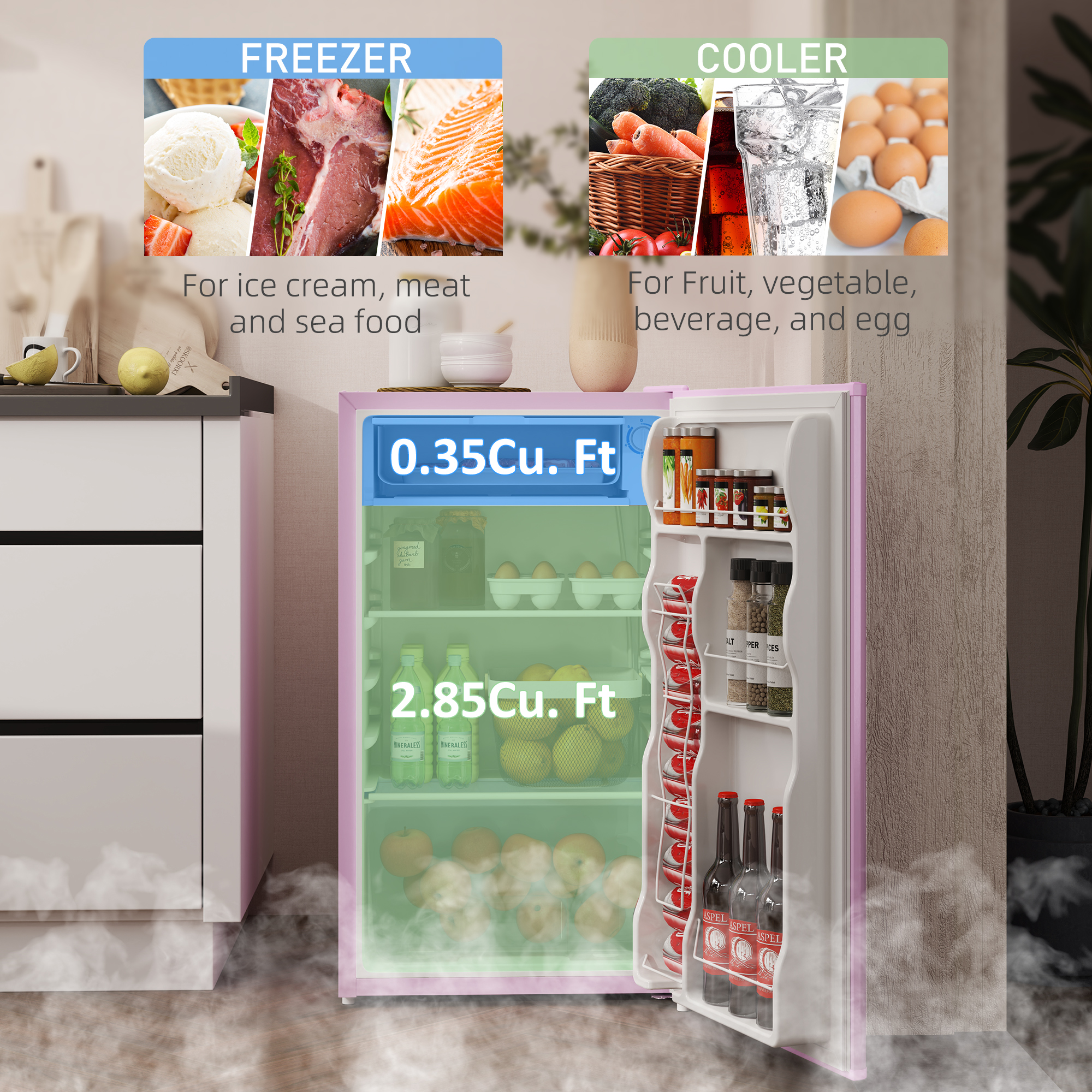  3.2 Cu.Ft Mini Fridge with Freezer, Single Door Compact Refrigerator with Adjustable Thermostat, Reversible Door, Pink