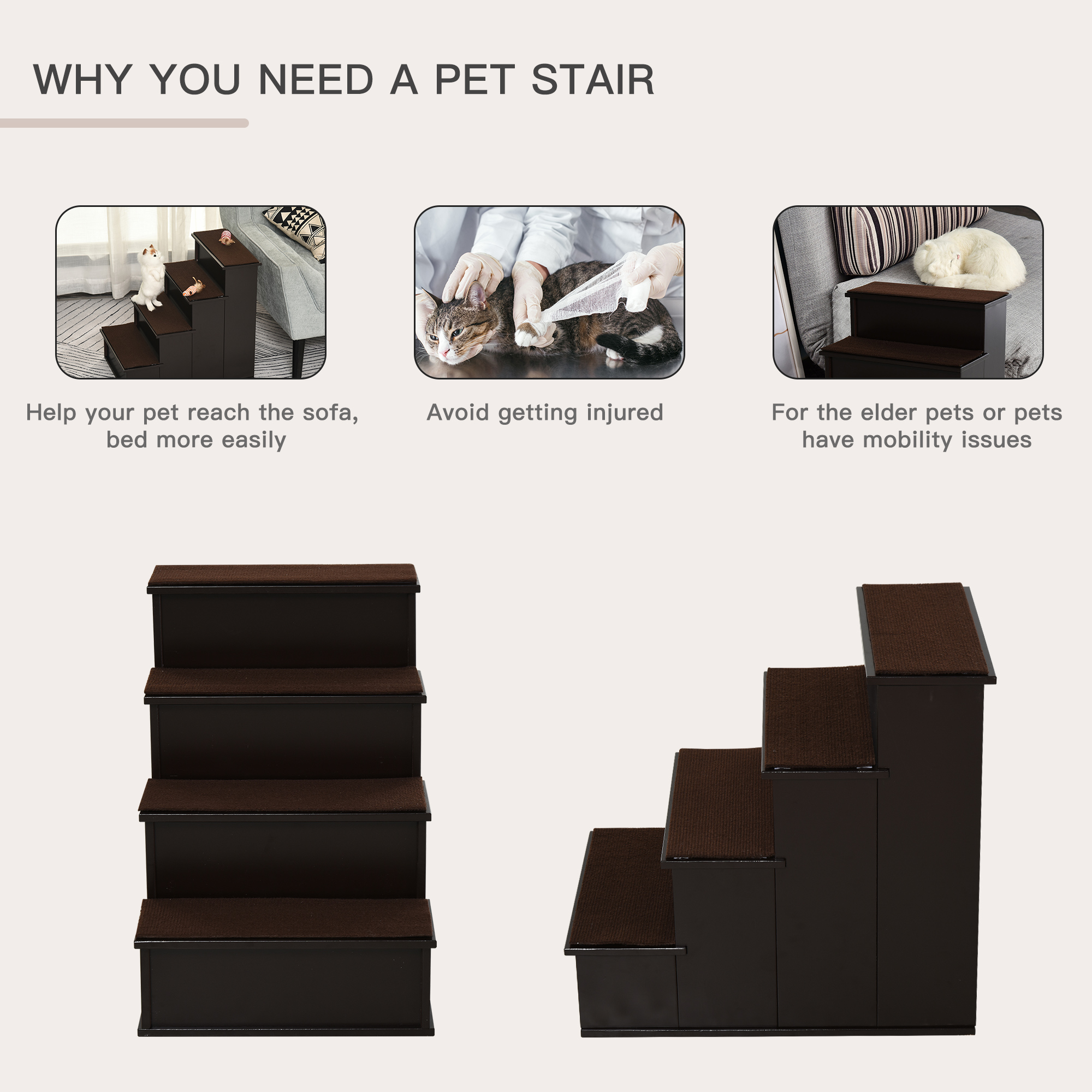  Pet Stairs, Small Pet Steps with Cushioned Removable Covering for Dogs and Cats Up To 22 lbs, Brown