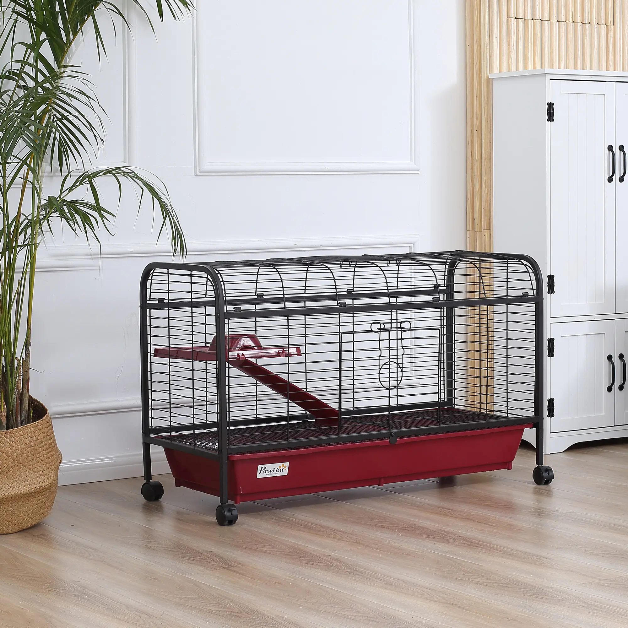 41"L Small Animal Cage, Pet Play House for Rabbit Hutch Ferret with Feeder, Rolling Wheels, Platform, Ramp