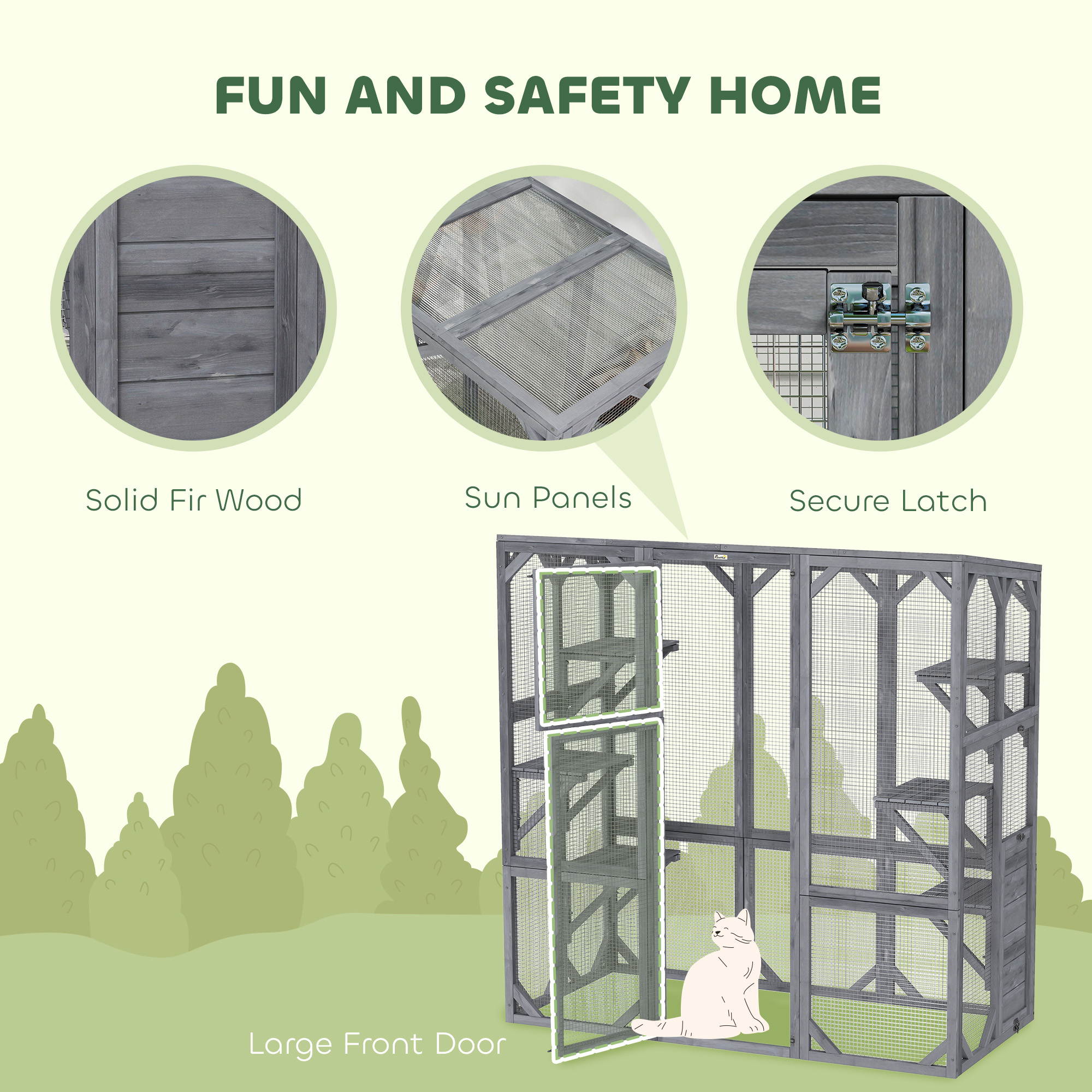  Large Wooden Catio Outdoor with 6 Jumping Platforms, Weatherproof Roof, for 1-3 Cats, 59" x 28" x 60", Gray