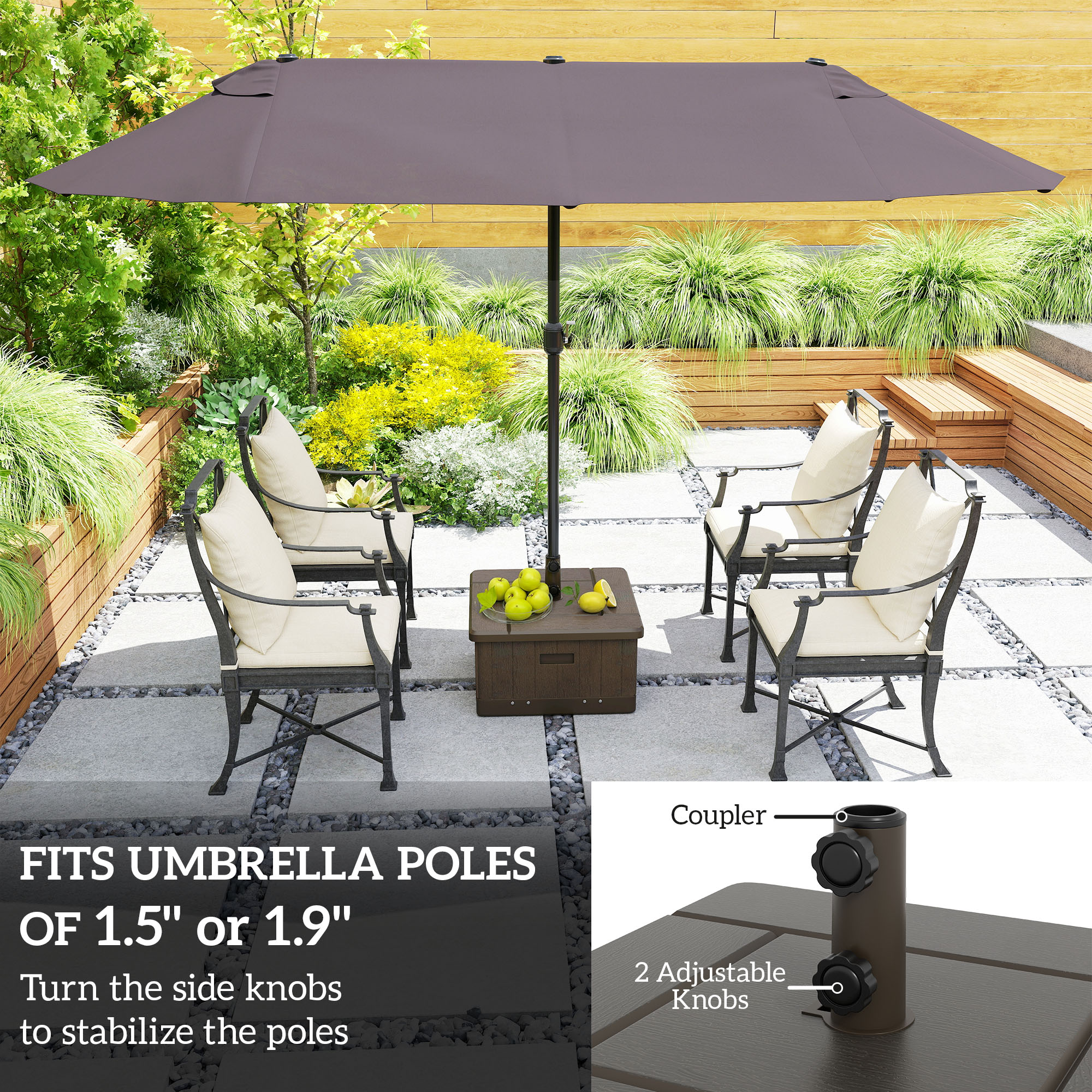 3-in-1 Outdoor Umbrella Base with Wheels and Handles, End Table, Flower Box Planter with Hole, 175 lbs. Capacity, Brown