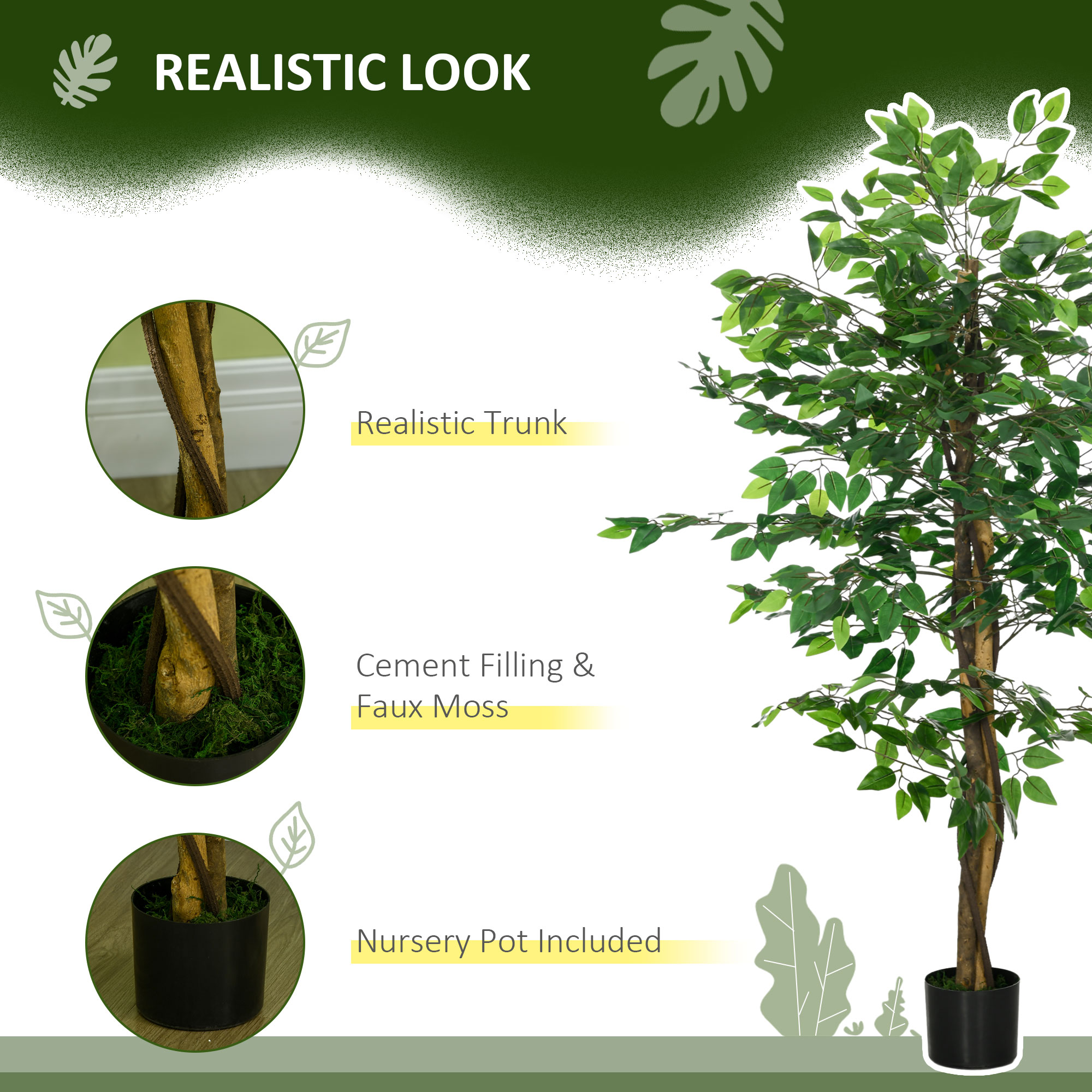 Artificial Ficus Tree, With Weighted Plant Pot - Green — image 5