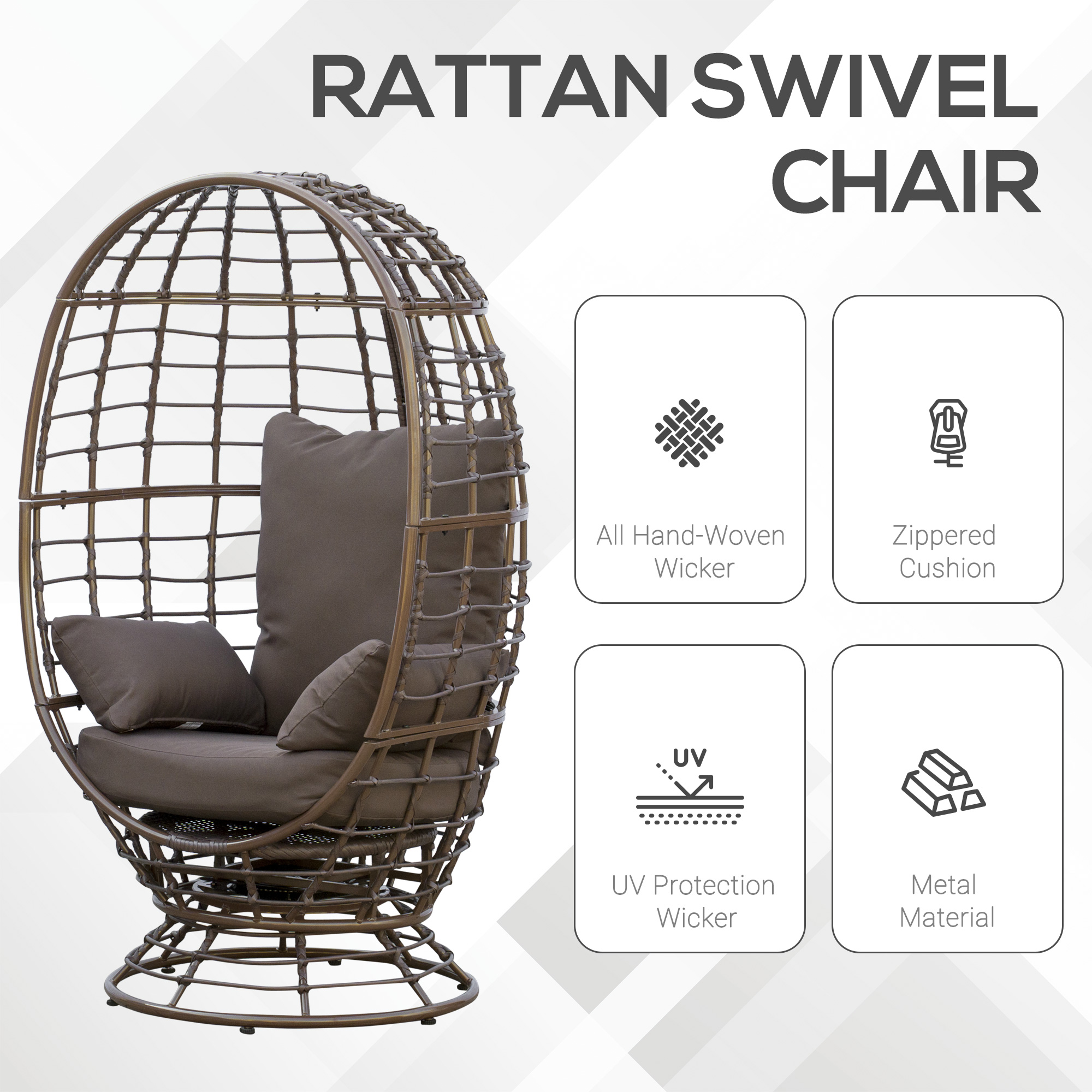  Wicker Egg Chair, 360 Rotating Indoor Outdoor Boho Basket Seat with Cushion and Pillows for Backyard, Porch, Patio, Garden, Handwoven All-Weather PE Rattan, Steel Frame, Brown