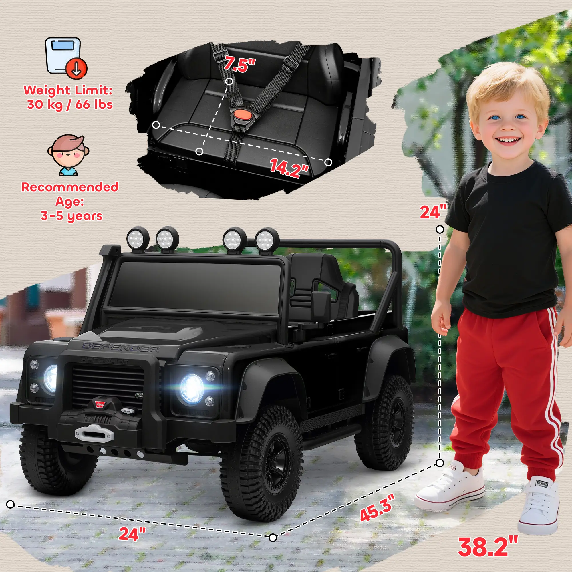 Land Rover Licensed Electric Car for Kids with Remote Control, Dual Motors, Spring Suspension, LED Lights, Black