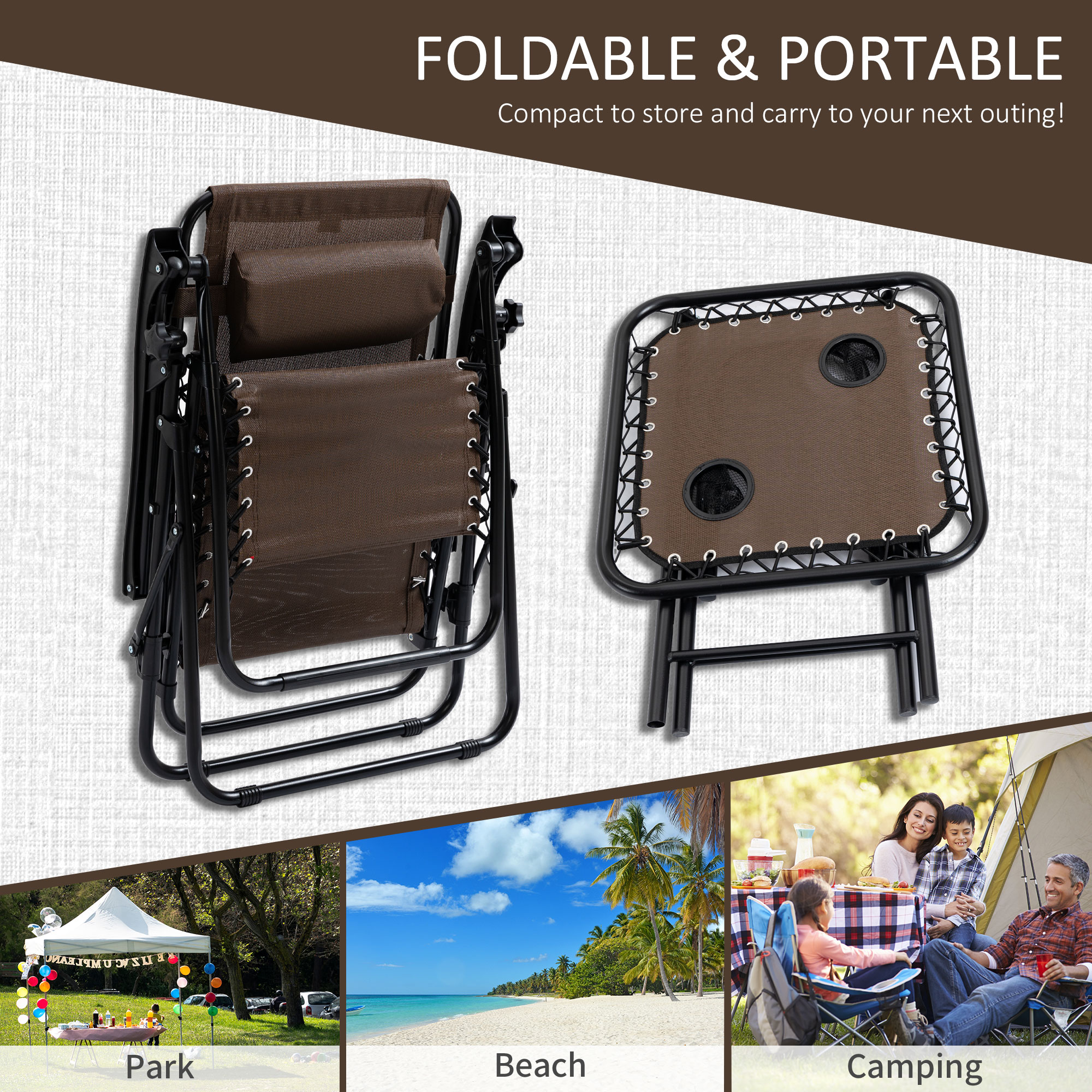  Zero Gravity Chair Set with Side Table, Folding Reclining Chair with Cupholders & Pillows, Adjustable Lounge Chairs for Pool, Backyard, Lawn, Beach, Brown