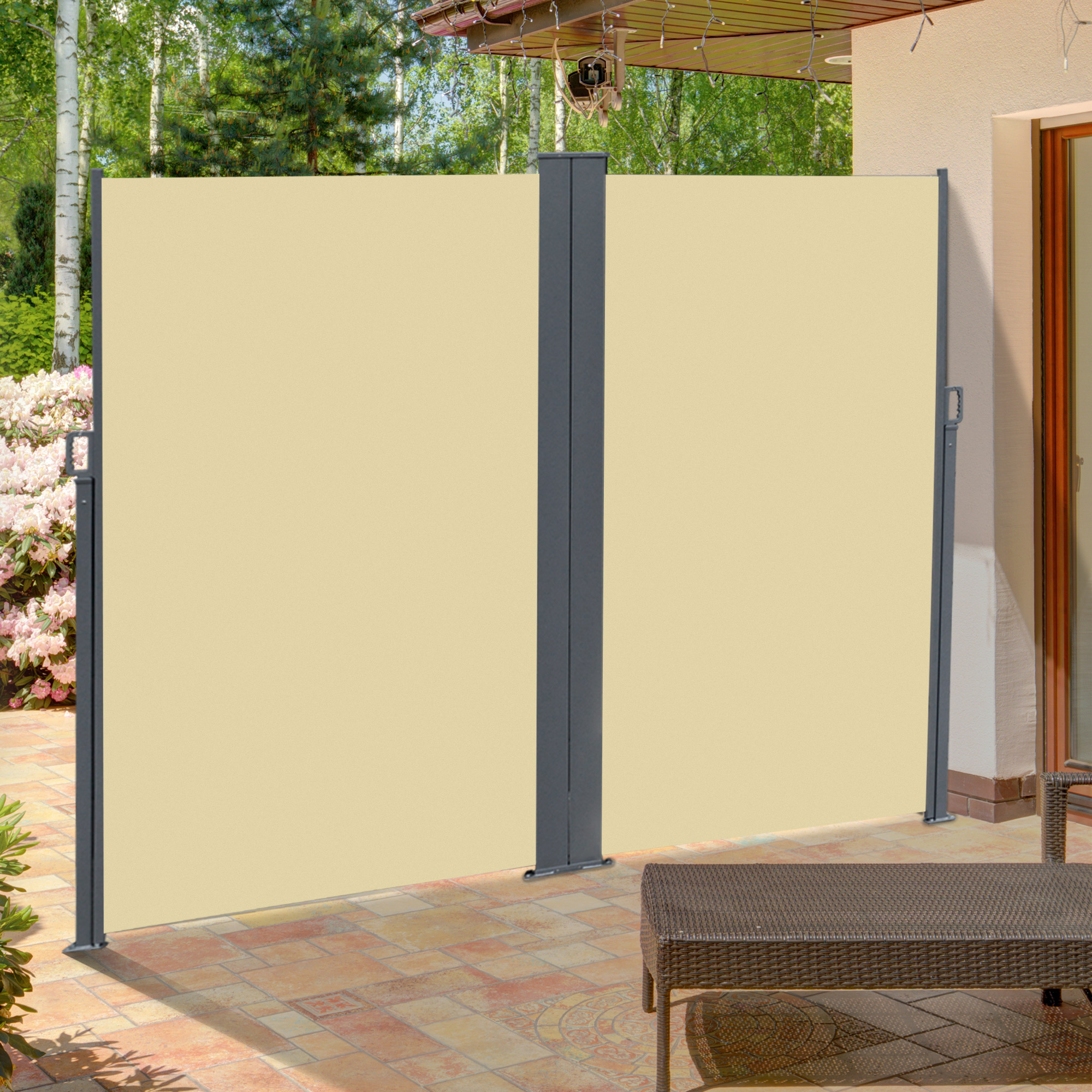 20’ Double Retractable Patio Side Awning Garden Sun Shade with UV-Fighting Screen, Auto Pull-Back Function, & Steel Frame, Outdoor or Indoor Use, Beige - Image 1