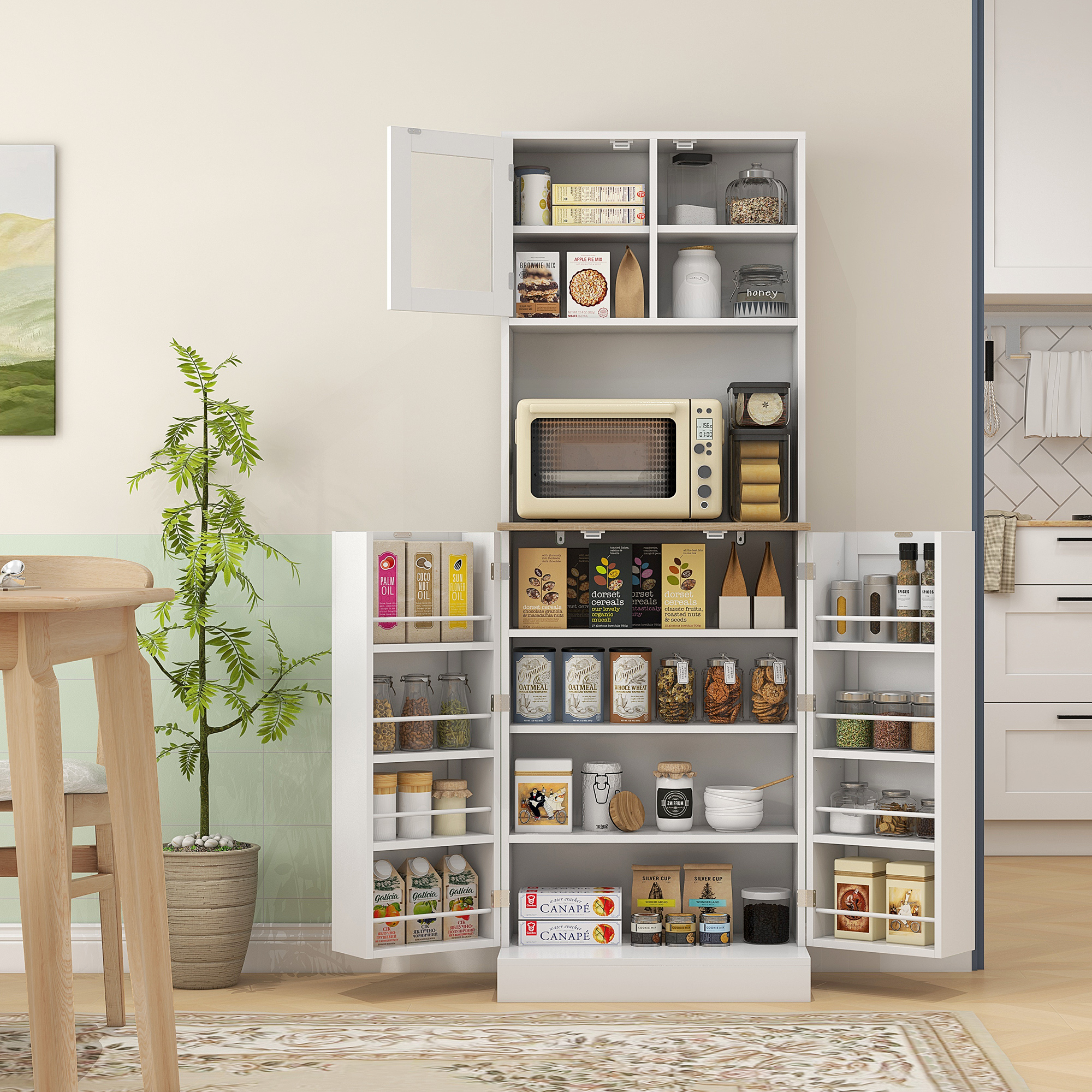 66.5" Tall Kitchen Pantry Cabinet, Kitchen Hutch, Microwave Cabinet with Adjustable Shelves for Dining Room, White
