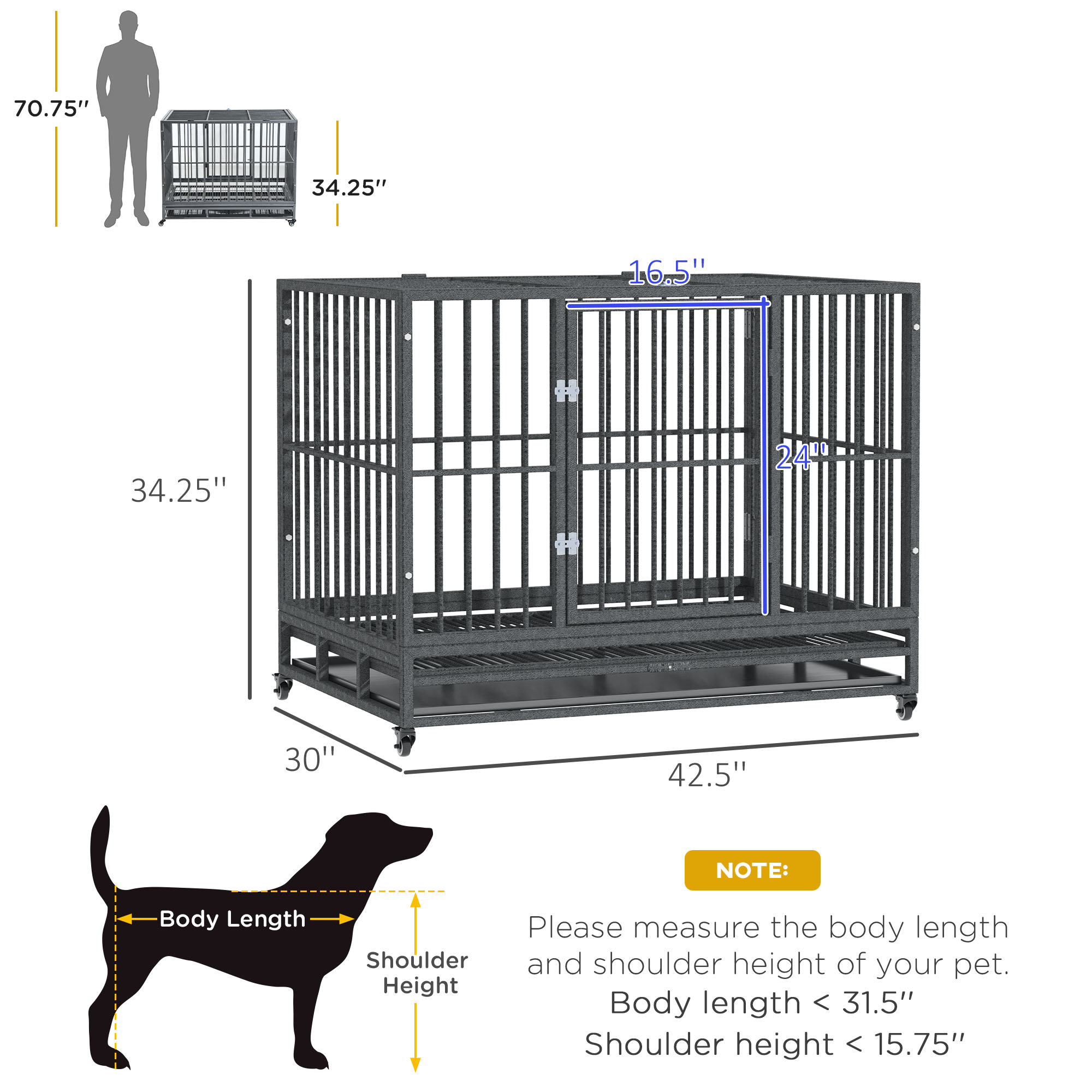  43" Heavy Duty Dog Crate Metal Cage Kennel with Lockable Wheels, Double Door and Removable Tray, Gray
