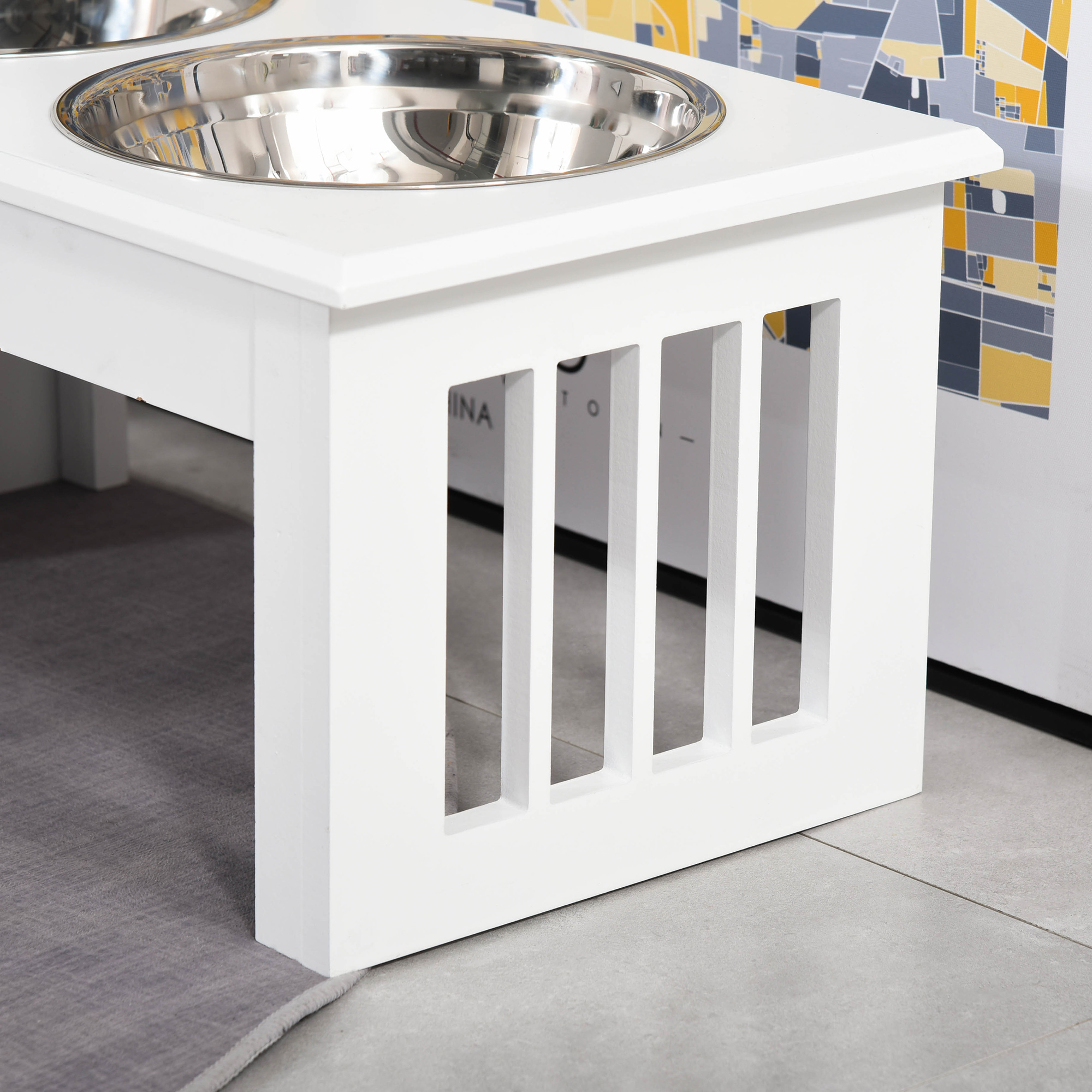  6" Height Small Puppy Dog Feeding Station for Messy Pets, Stainless Steel Elevated Dog Bowls with Modern Wooden Frame, Dog Food Stand Pet Feeding Station, White