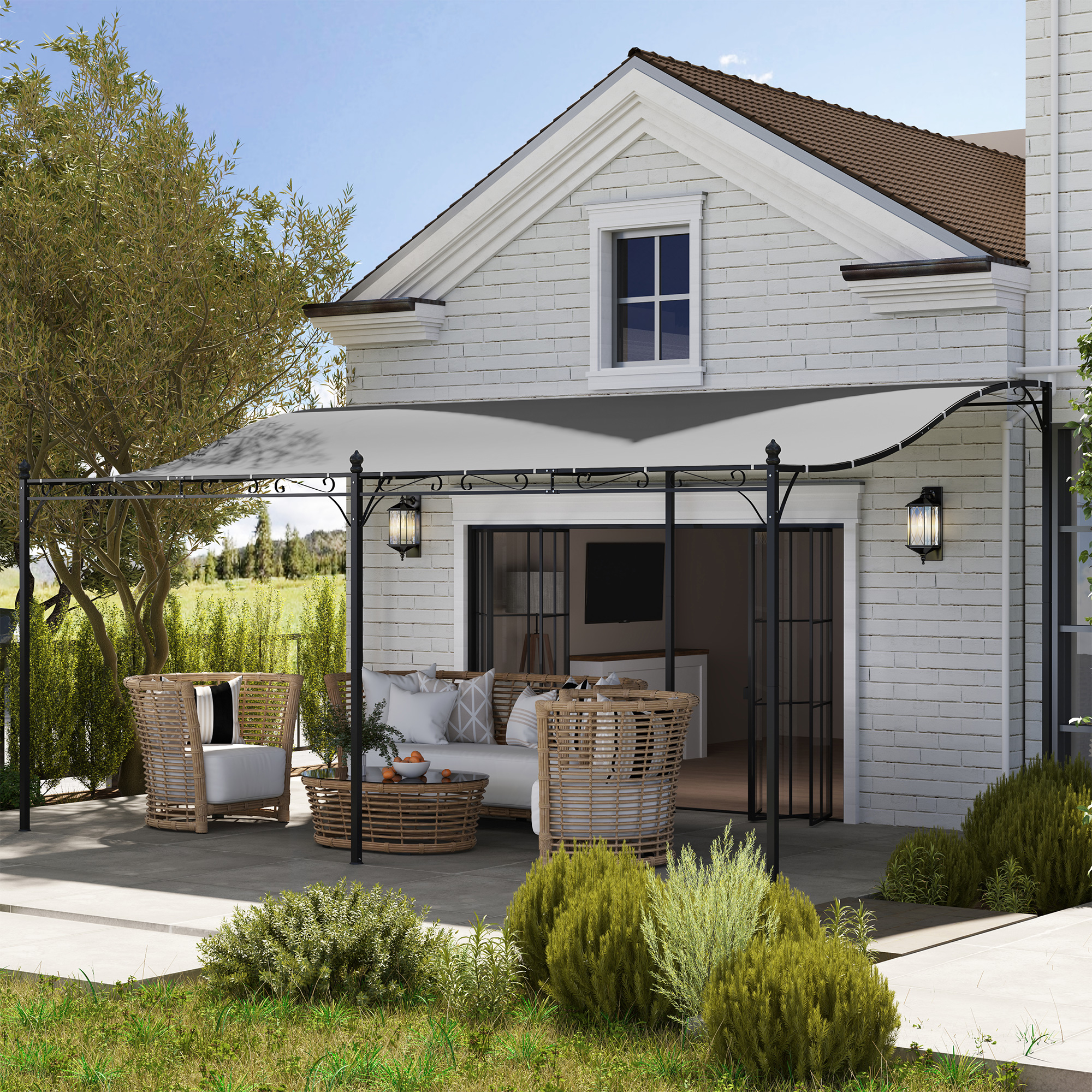 10 x 16 Wall-Mounted Outdoor Pergola Canopy, Metal Patio Canopy with Drainage Holes for Backyard Garden, Dark Gray