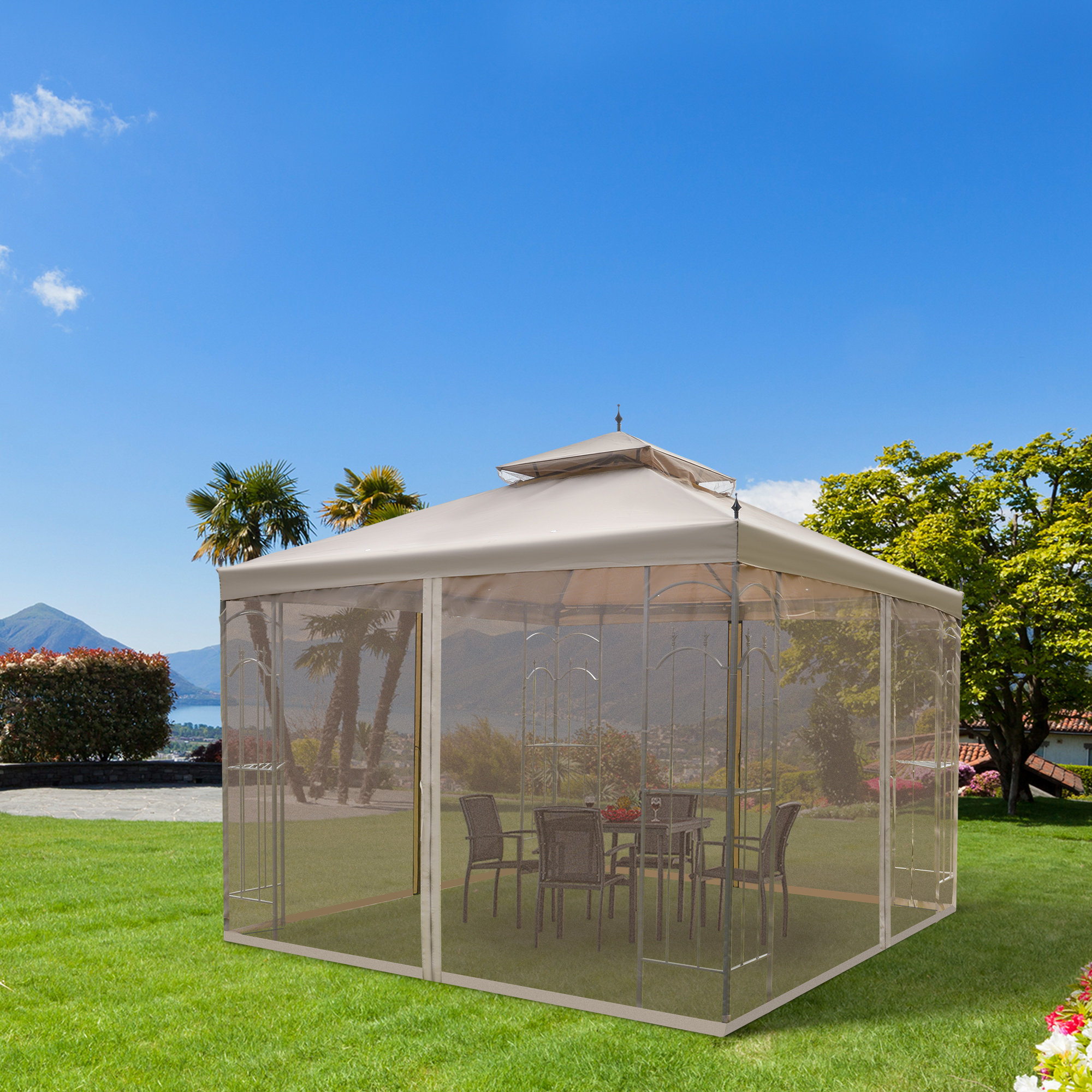10 x 10 Patio Gazebo with Corner Frame Shelves, Double Roof Outdoor Gazebo Canopy Shelter with Netting for Patio, Wedding, Catering & Events, Brown