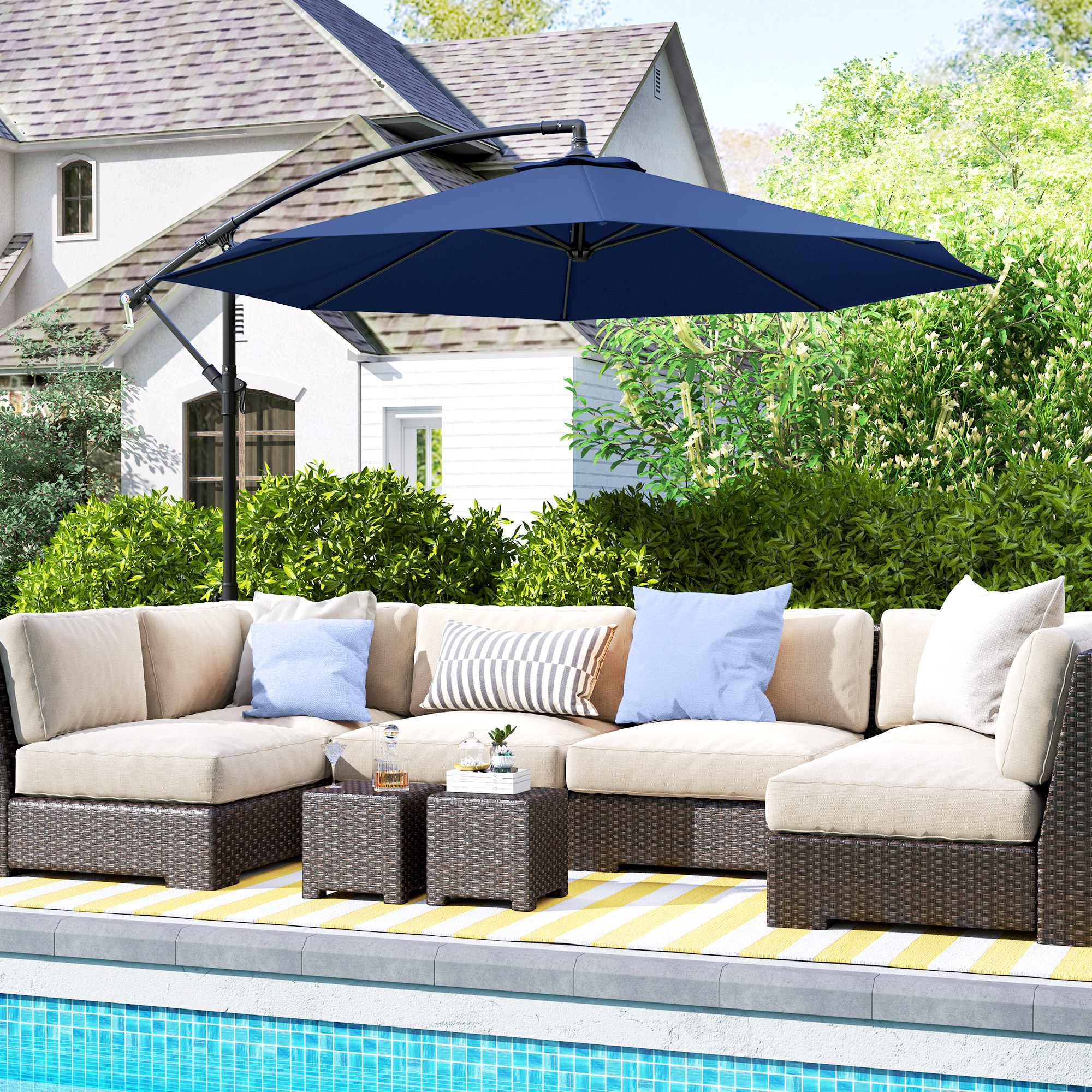 10 Cantilever Tilt Offset Patio Umbrella w/ UV & Water Safe Material & Cross Base (Weight Not Included), Navy Blue