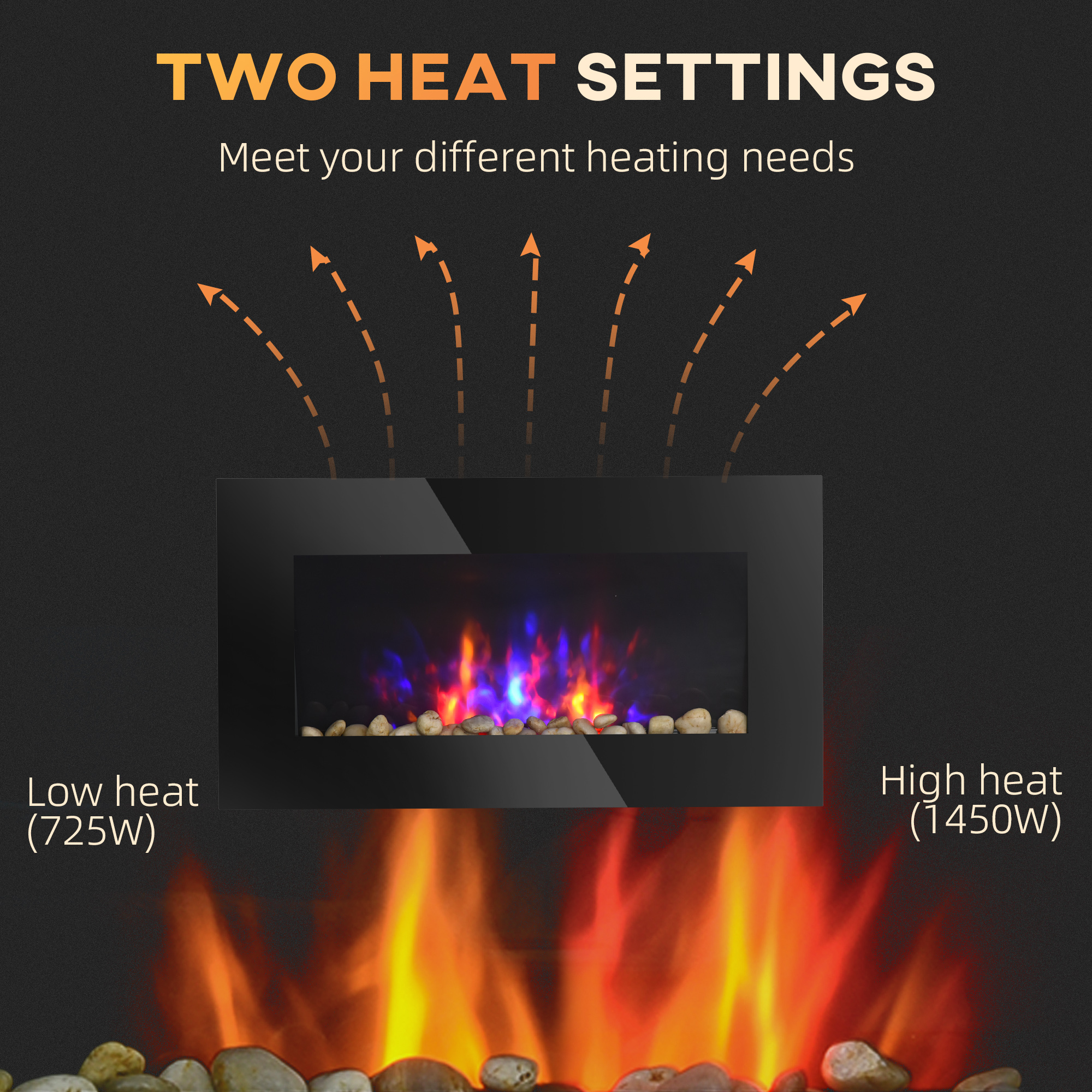 28.5" 1450W Electric Wall-Mounted Fireplace with Flame Effect, 7 Color Background Light, Black image 4