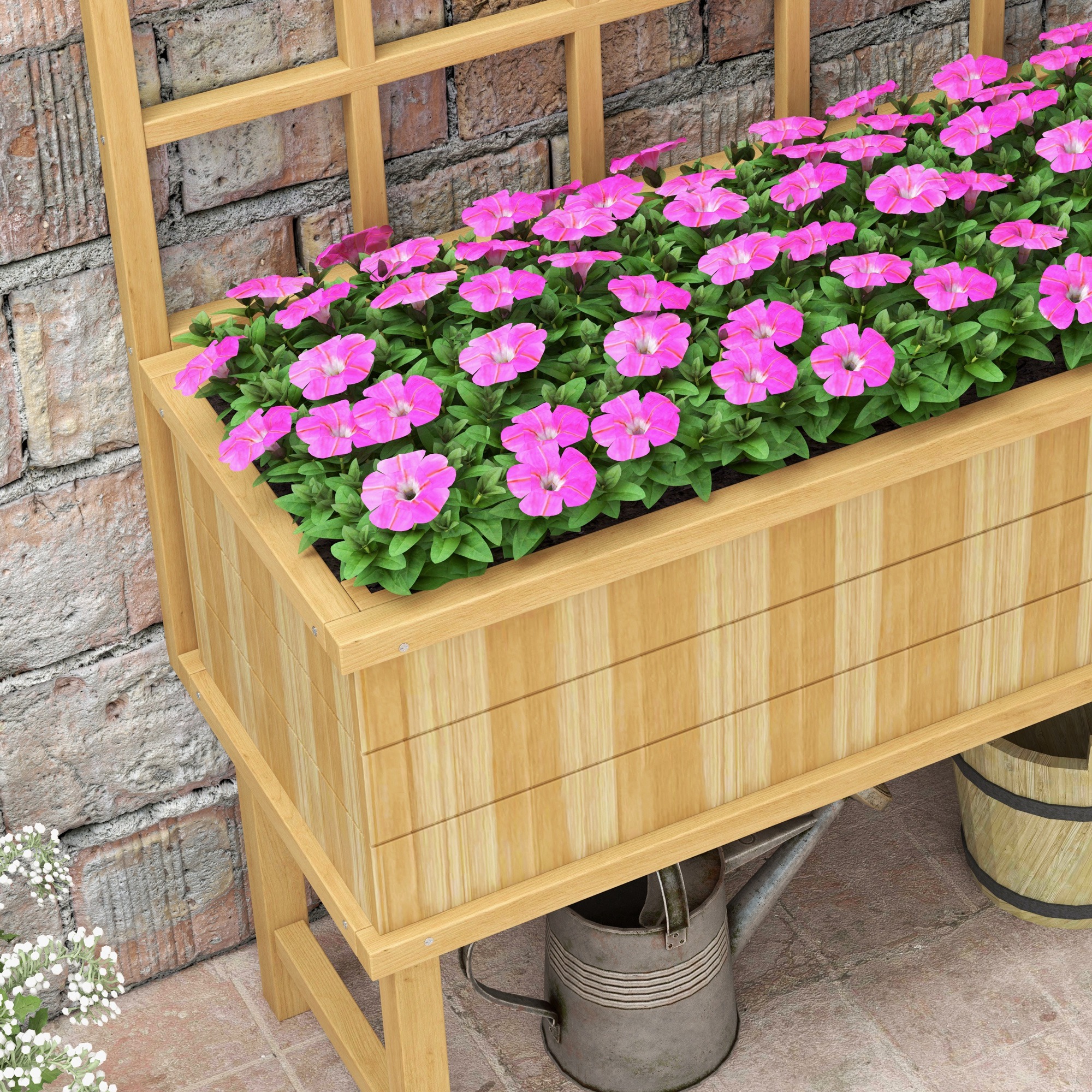 Wooden planter box with trellis on a balcony with flowering climbing plants