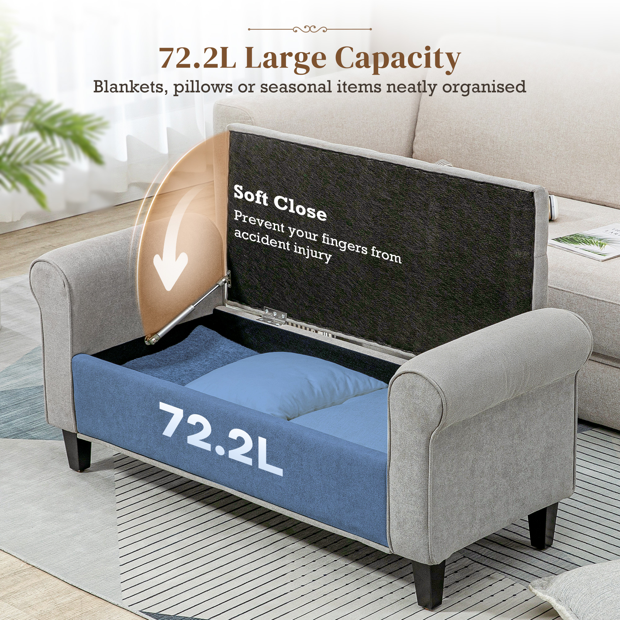 50 Inches Storage Ottoman, End of Bed Bench with Rolled Arms, Wood Legs, Button Tufted Storage Bench… image 3