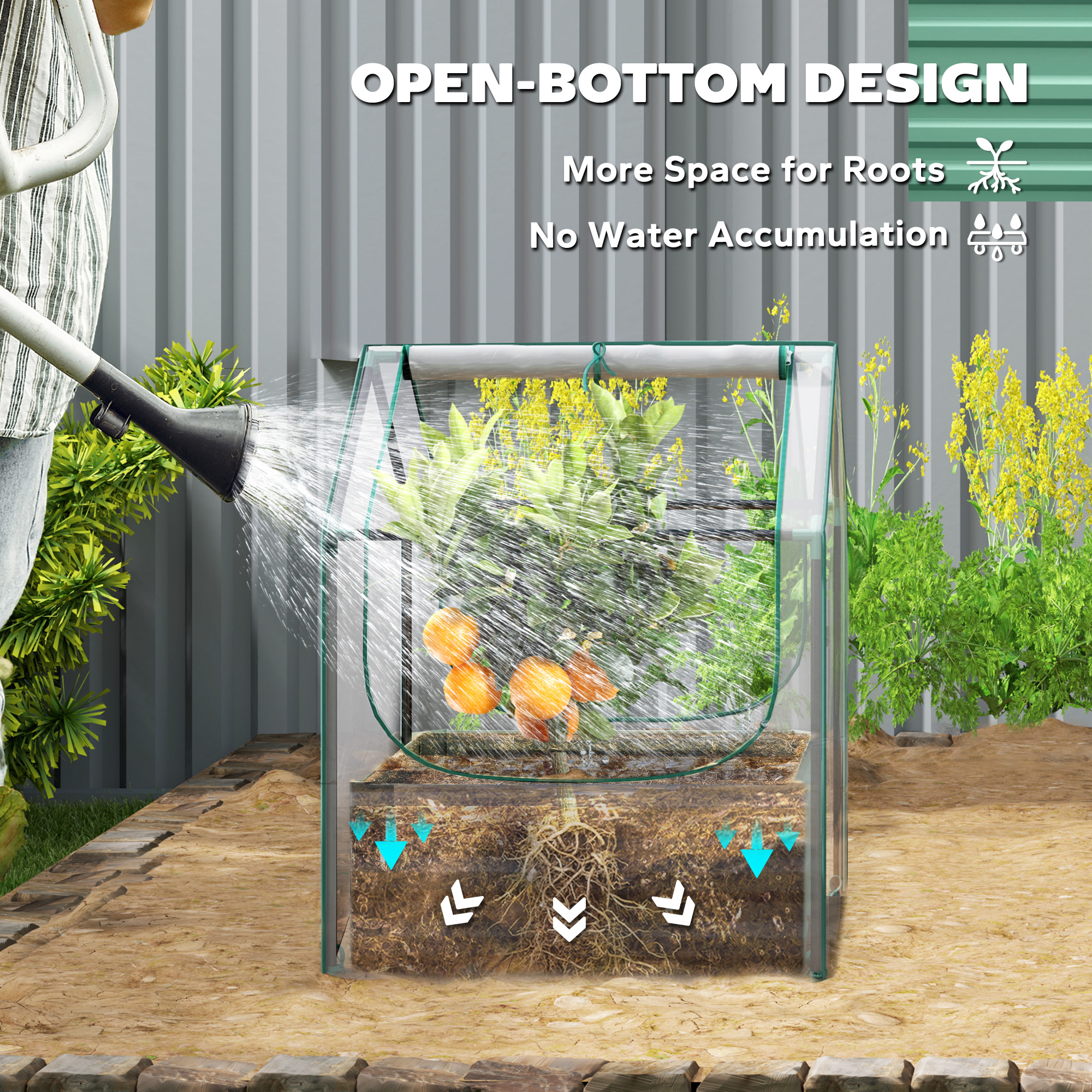 Raised garden bed with clear greenhouse cover protecting plants outdoors