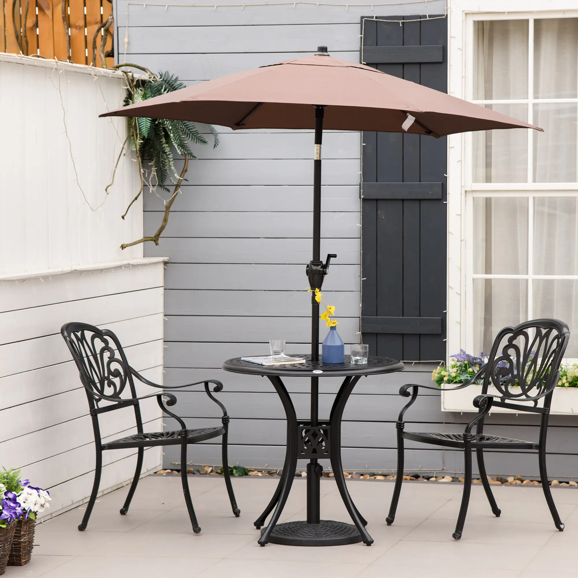 30" Round Patio Dining Table with Umbrella Hole, Antique Cast Aluminum Outdoor Bistro Table Only, Black
