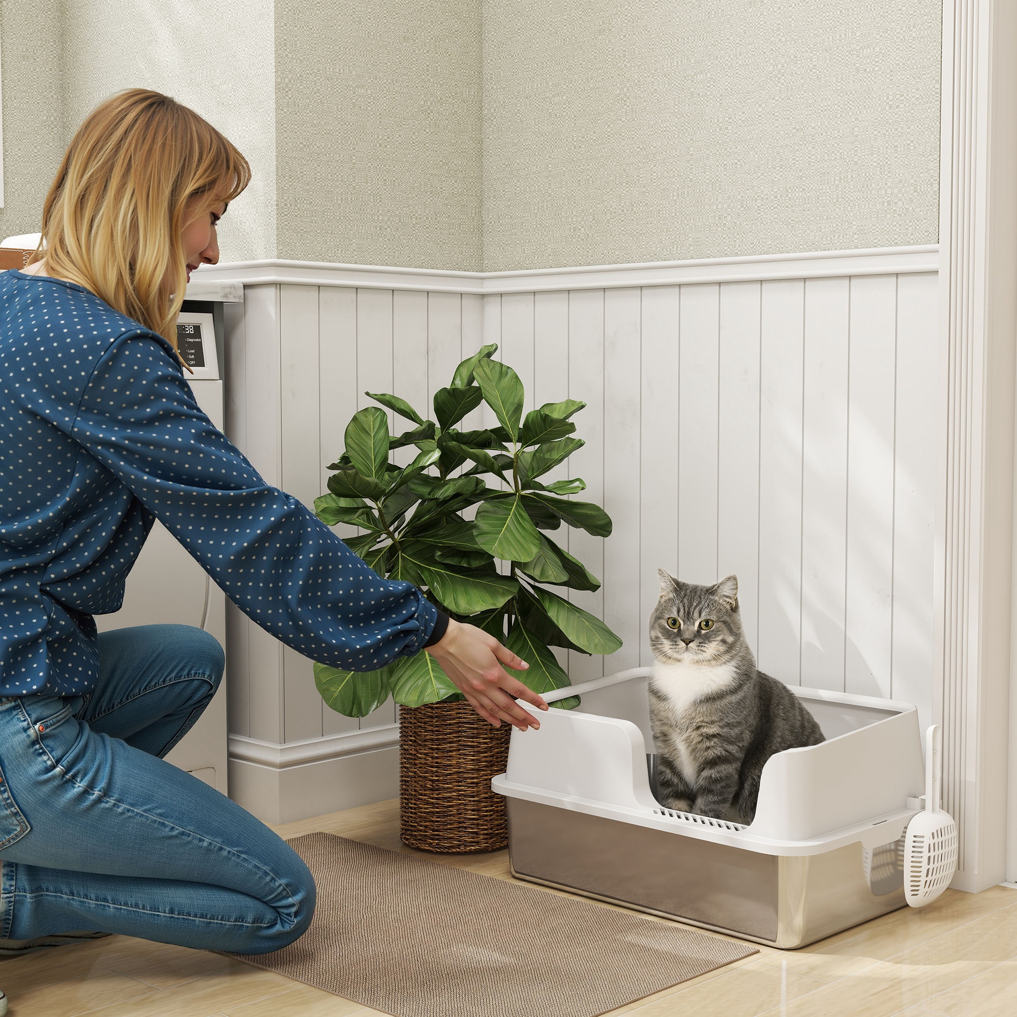  Stainless Steel Litter Box with High Side, Scoop, Easy Cleaning & Anti-Urine Leakage, for Big Cats, Light Gray