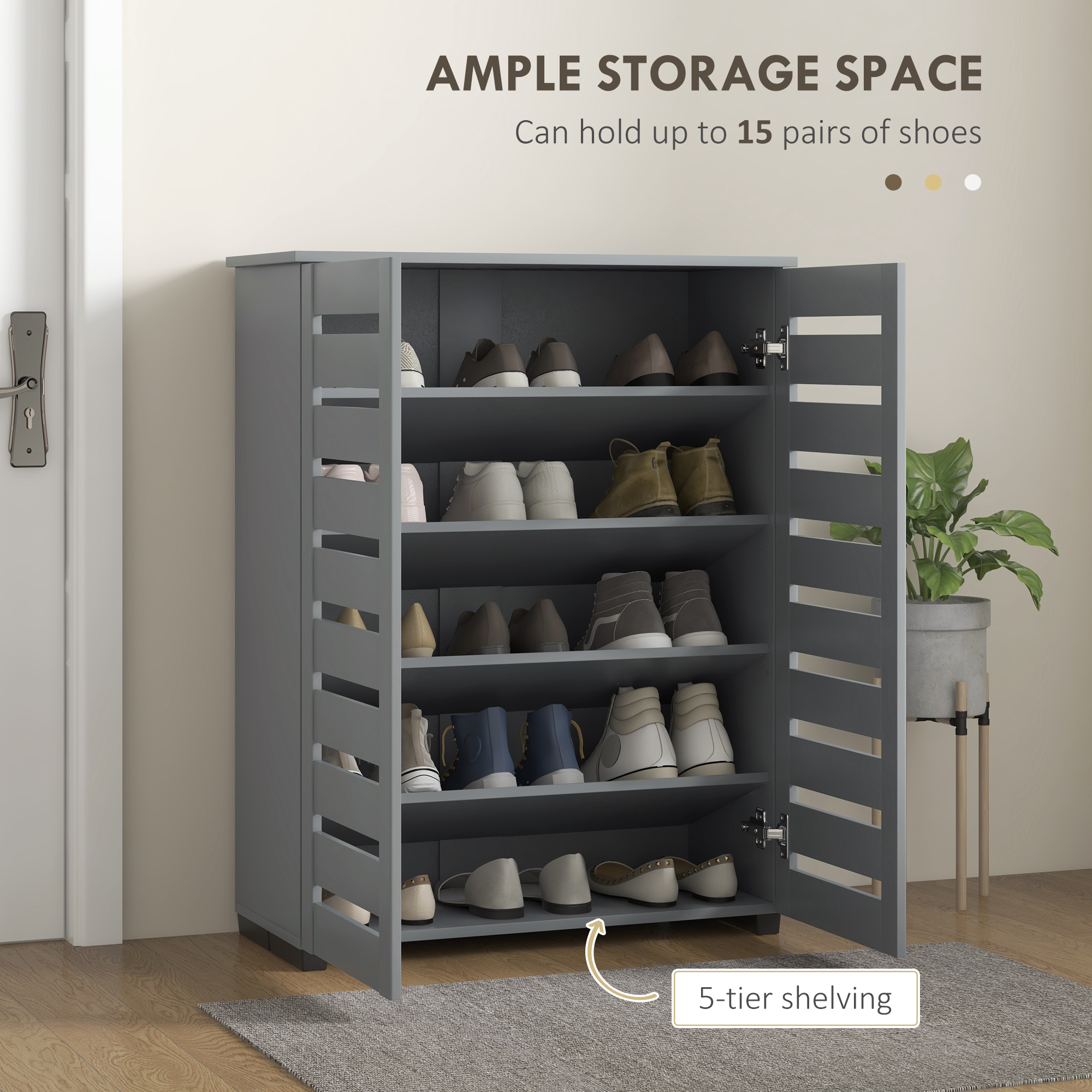 Narrow Shoe Cabinet For Entryway, 5-Tier Slim Storage With 2 Slatted Doors