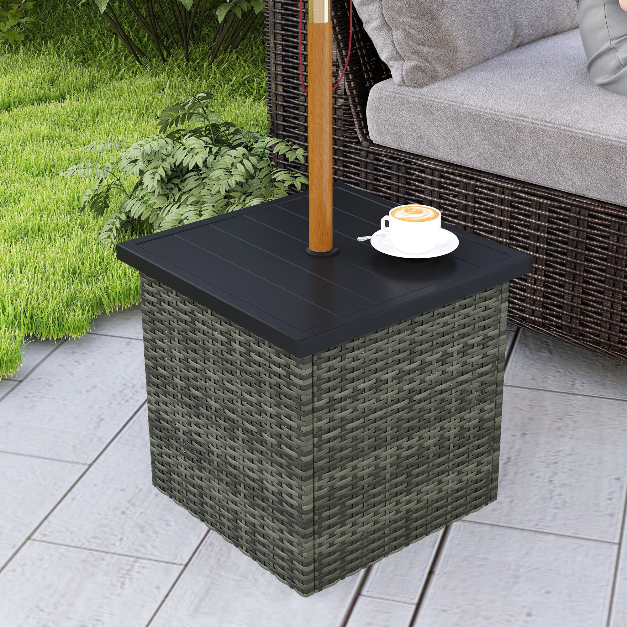  Wicker Side Table with 1.5" Umbrella Hole, Square Outdoor End Table with UV-Resistant Frame, Storage Space, Mixed-Gray