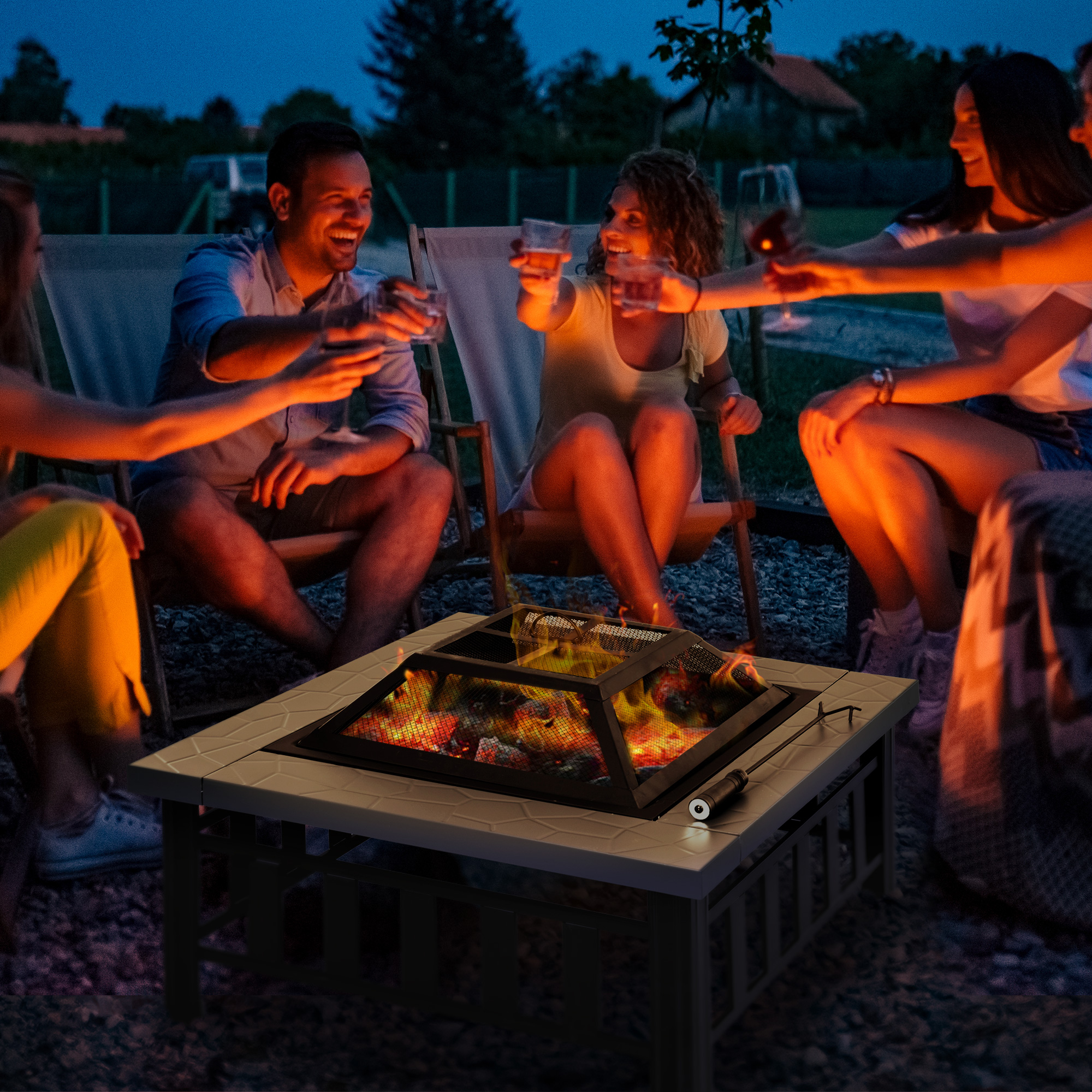  34" Outdoor Fire Pit Square Steel Wood Burning Firepit Bowl with Spark Screen, Waterproof Cover, Log Grate, Poker for Backyard, Camping, BBQ, Bonfire
