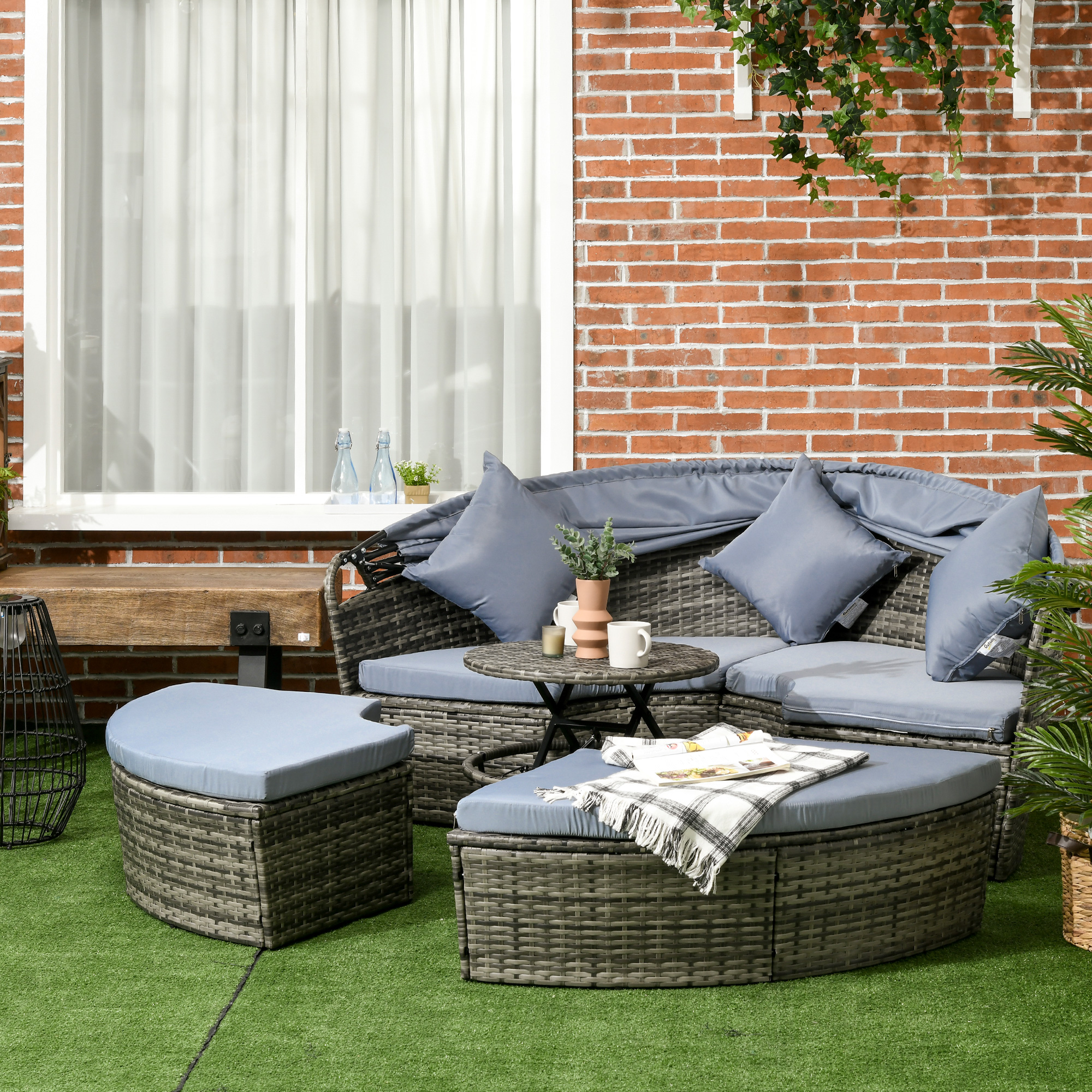  4 Piece Round Rattan Daybed, Convertible Patio Furniture Set, Adjustable Sun Canopy, Sectional Outdoor Sofa, 2 Chairs, Extending Tea Table Ottoman Chair, 3 Pillows, Light Gray