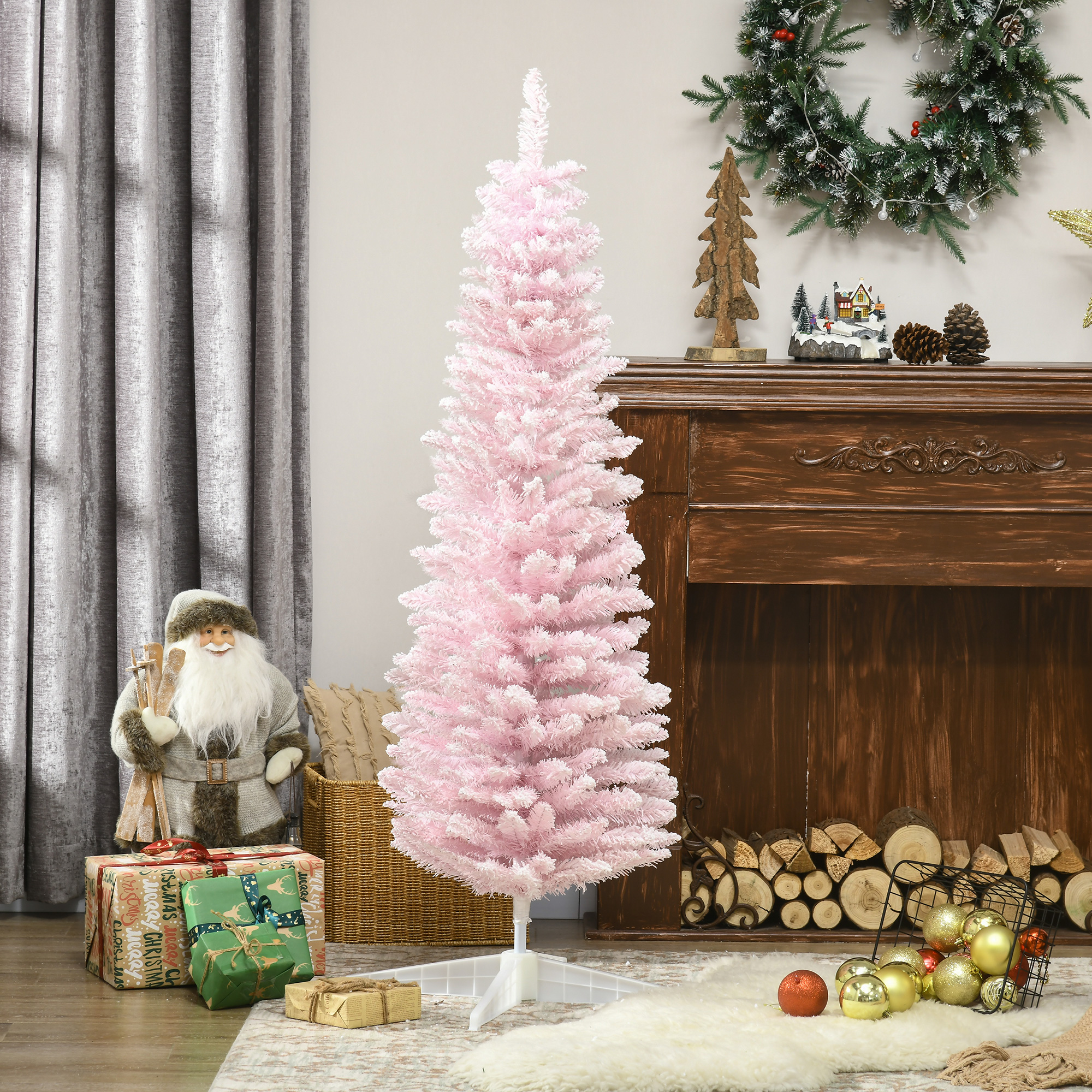  5' Decorated Christmas Tree Snow Flocked Artificial Christmas Tree with Pencil Shape, Realistic Branches, Pink