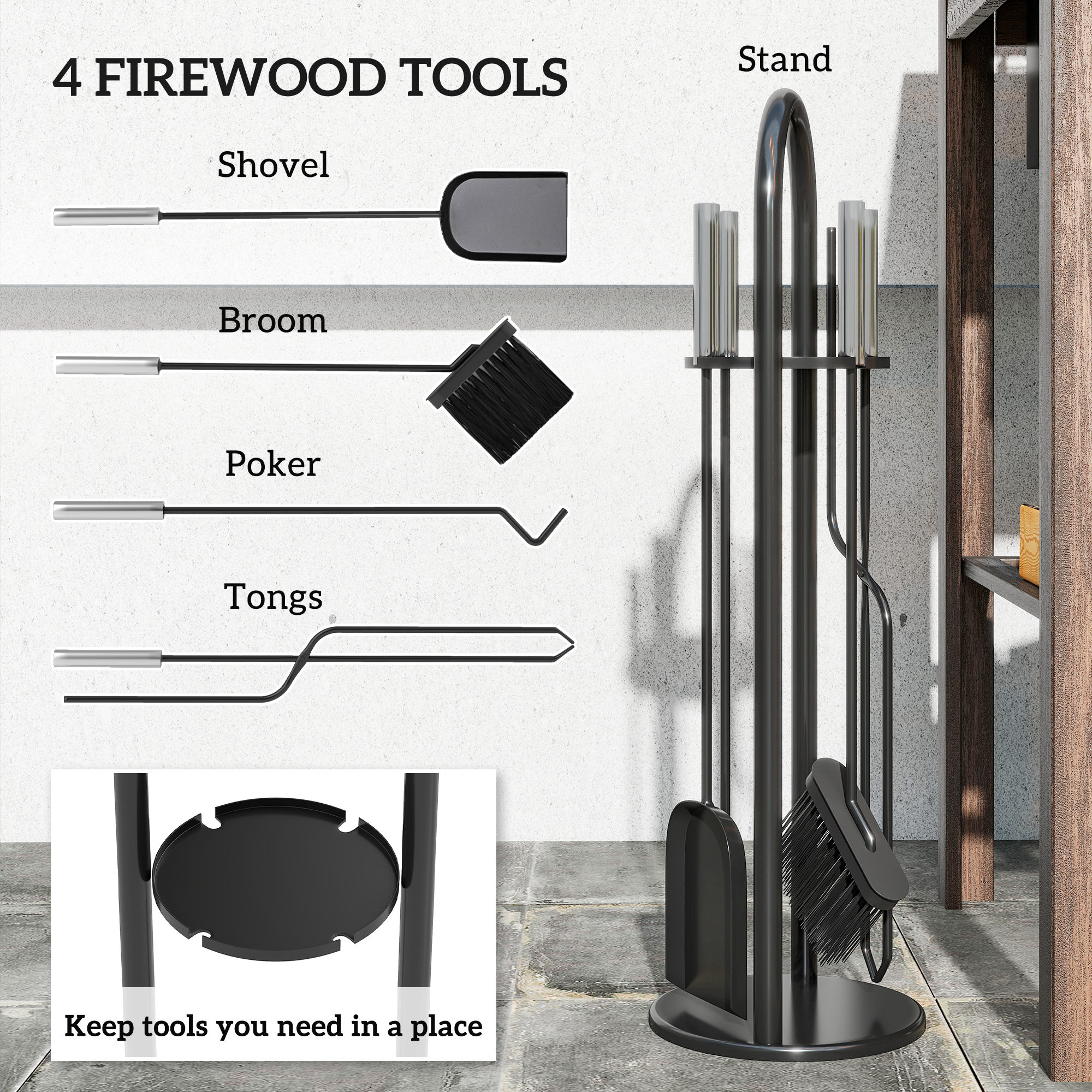5 Pieces Fireplace Tools Set, Metal Fireplace Accessories Fireside Companion Set With Broom, Shovel, Poker And Bucket, Silver