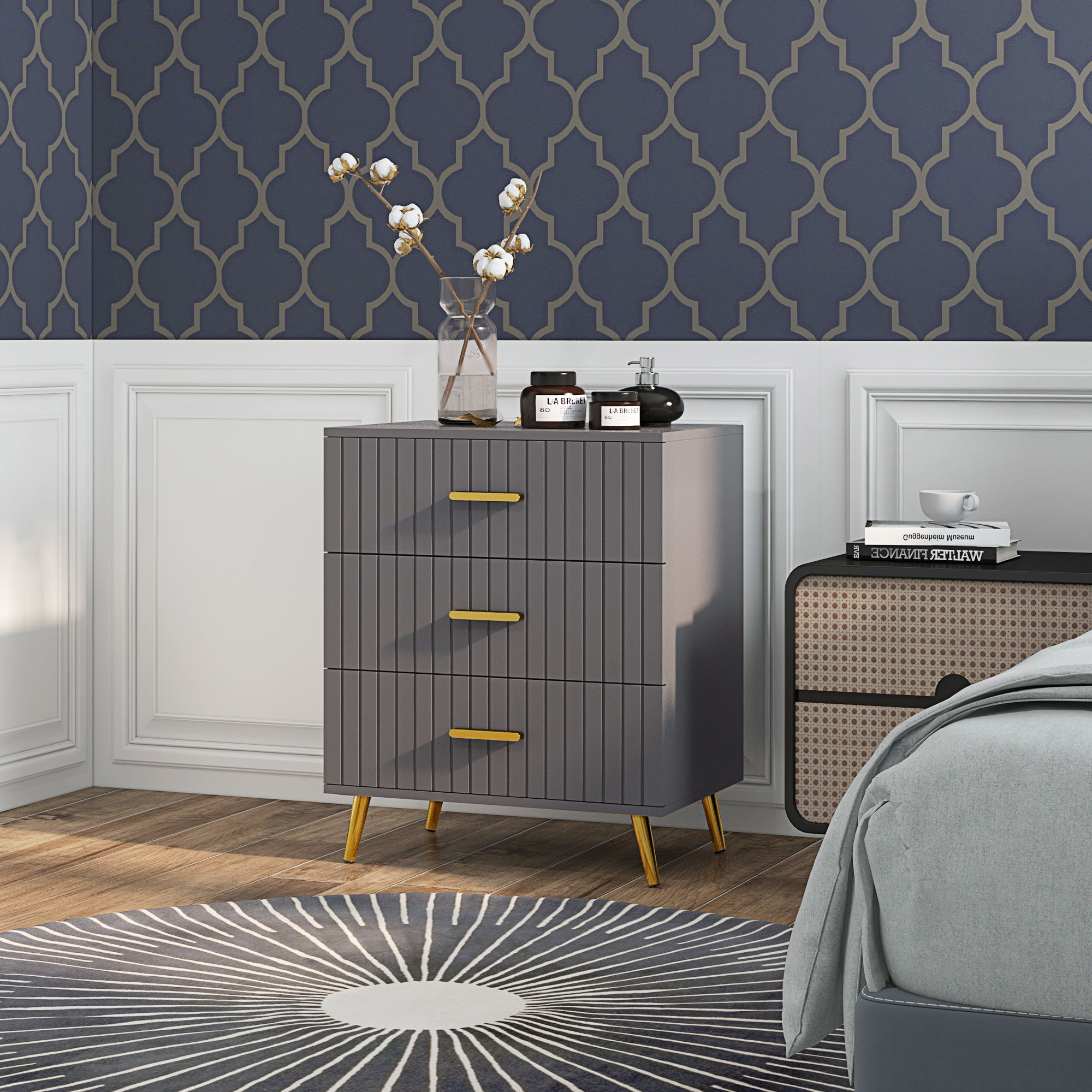 Three Drawer Embossed Line Dresser - Grey/Gold Tone — image 4