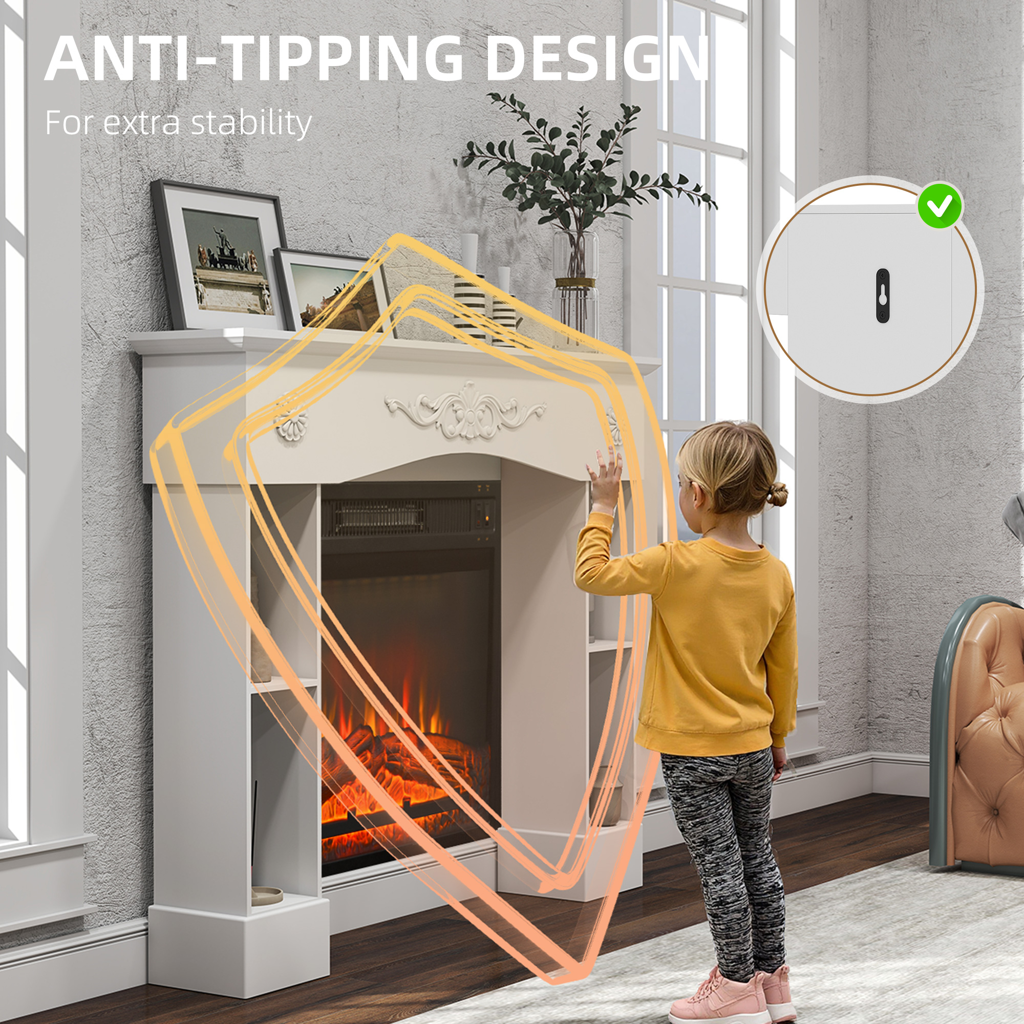  Baroque Fireplace Mantel, Freestanding Fireplace Surround with Leg for Electric Fireplaces, 45.3" W x 39.4" H, White