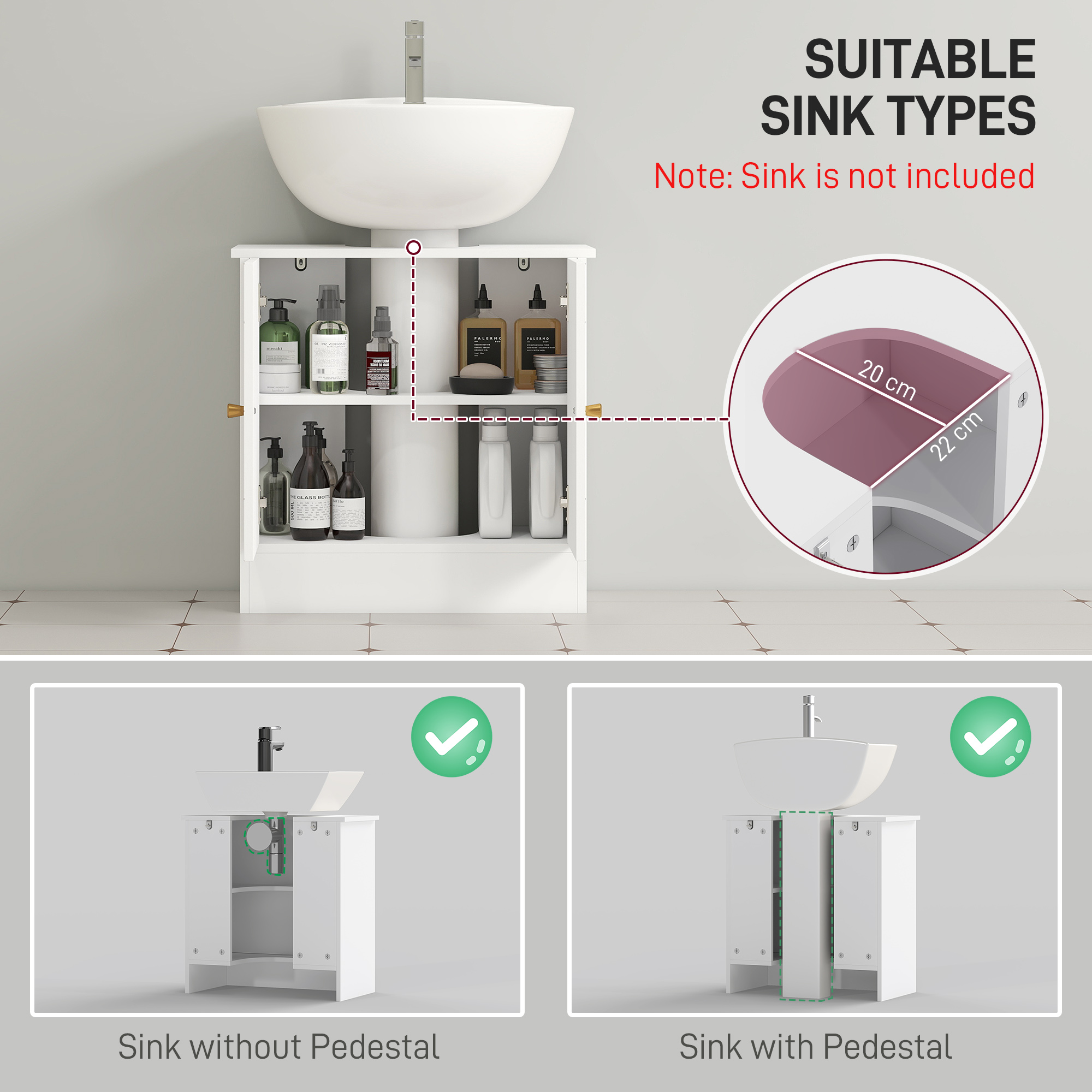 Under Sink Bathroom Cabinet, With Adjustable Shelf And Open Compartment