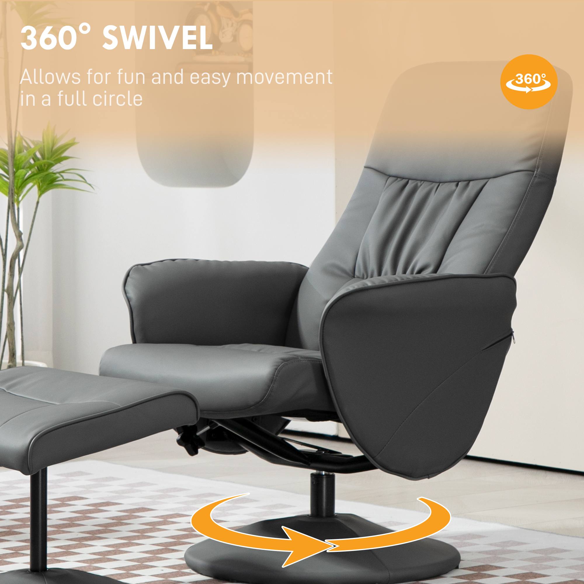 Swivel Recliner Chair With Footstool, PU Leather Armchair And Ottoman With High Back And Round Base For Living Room, Grey