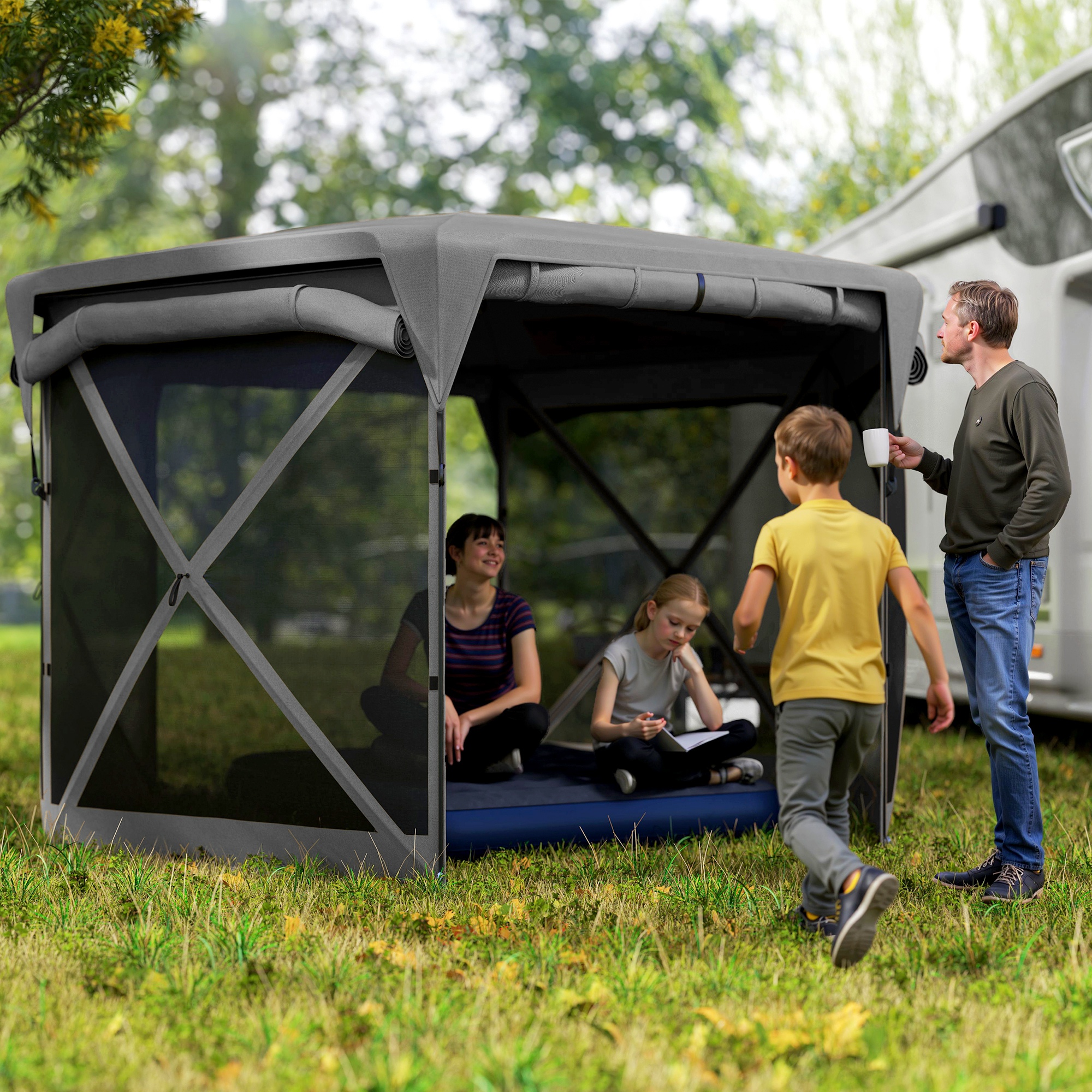 11 x 11ft Pop Up Gazebo Screen Tent with Removable Roof Cover, Roll-up Wind Panels for Camping, Backyard, Dark Gray