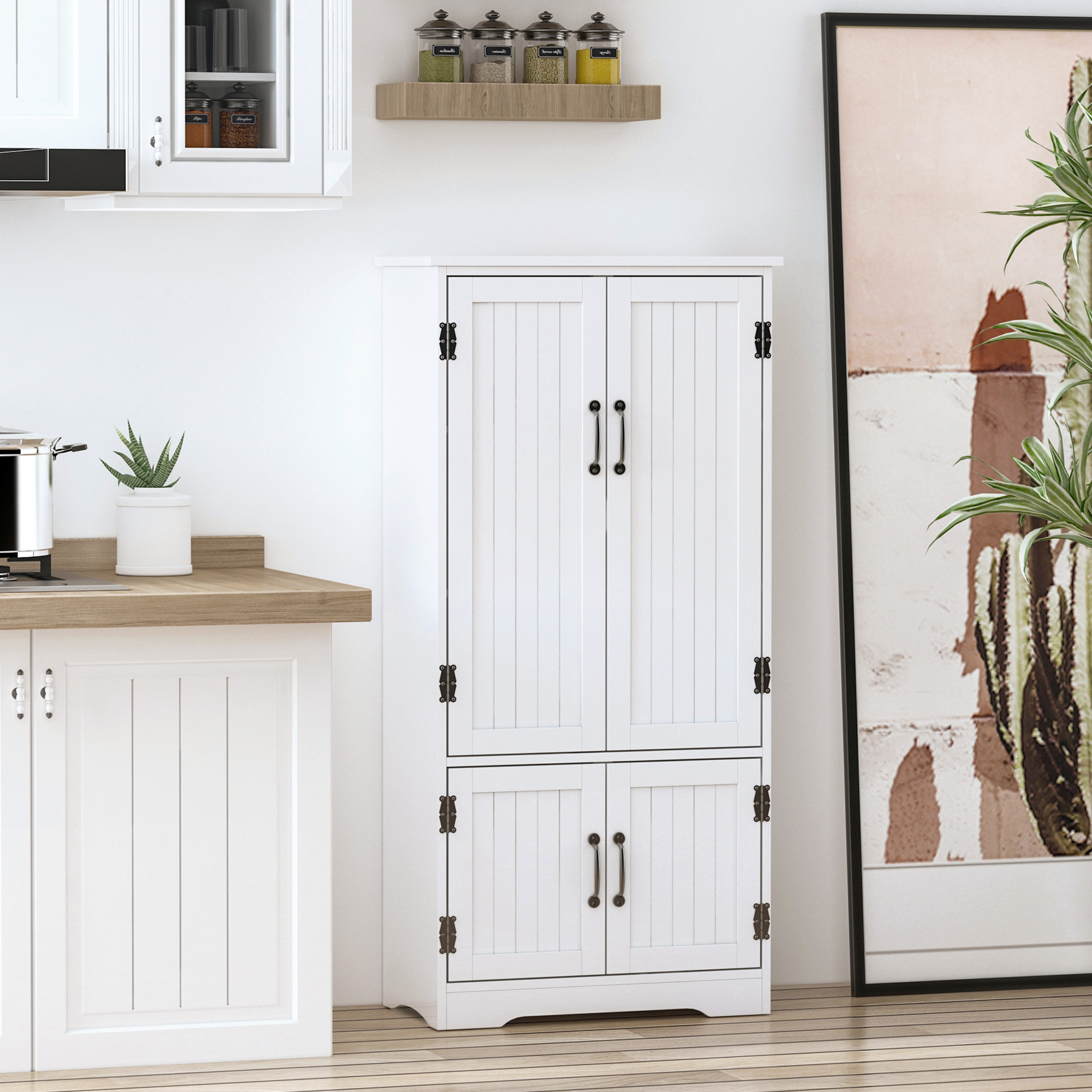 Accent Floor Storage Cabinet Kitchen Pantry with Adjustable Shelves and 2 Lower Doors, White image 7