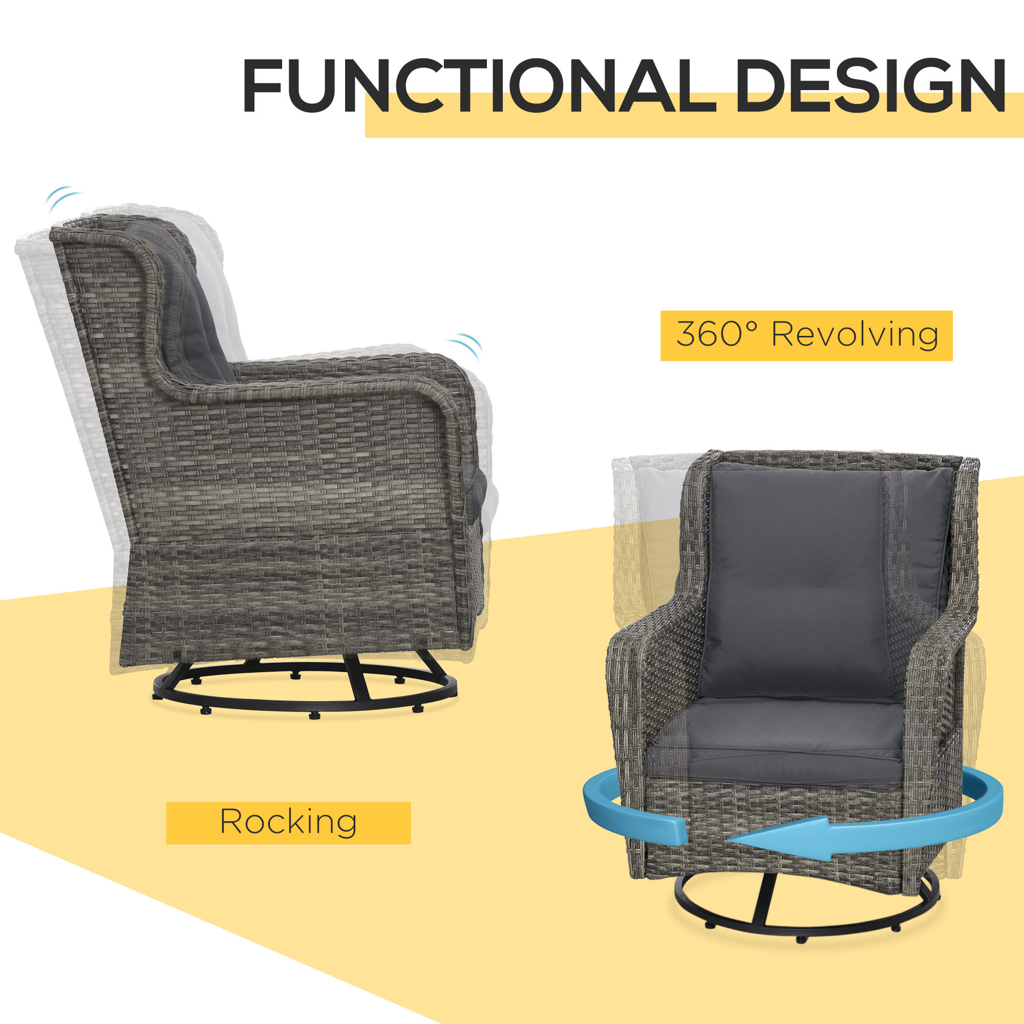 Patio Bistro Set, Porch Furniture with 360° Rotation & Rocking Function, 28.25″x30.75″x36.25″, Gray