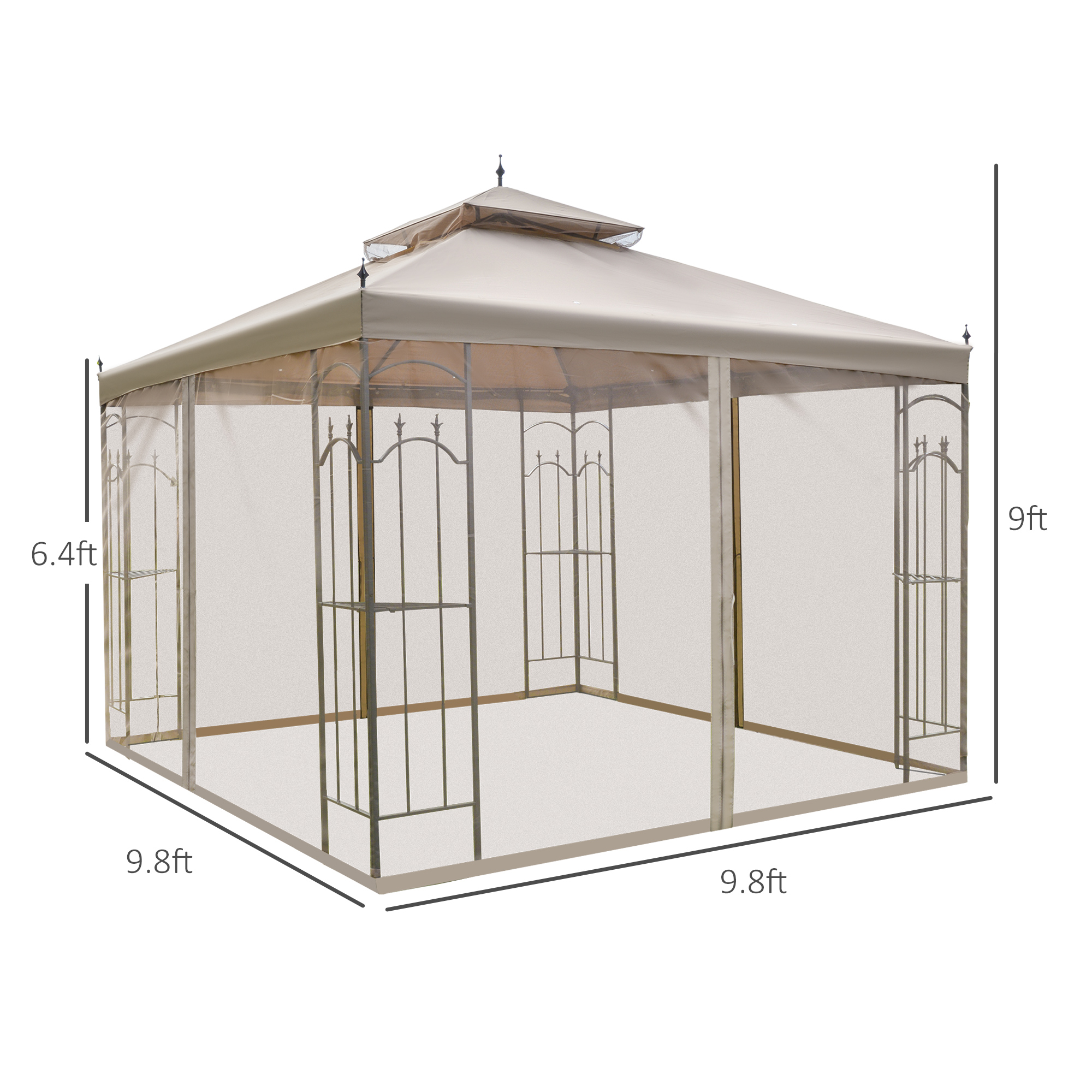 10′ x 10′ Patio Gazebo with Corner Frame Shelves, Double Roof Outdoor Gazebo Canopy Shelter with Netting for Patio, Wedding, Catering & Events, Brown