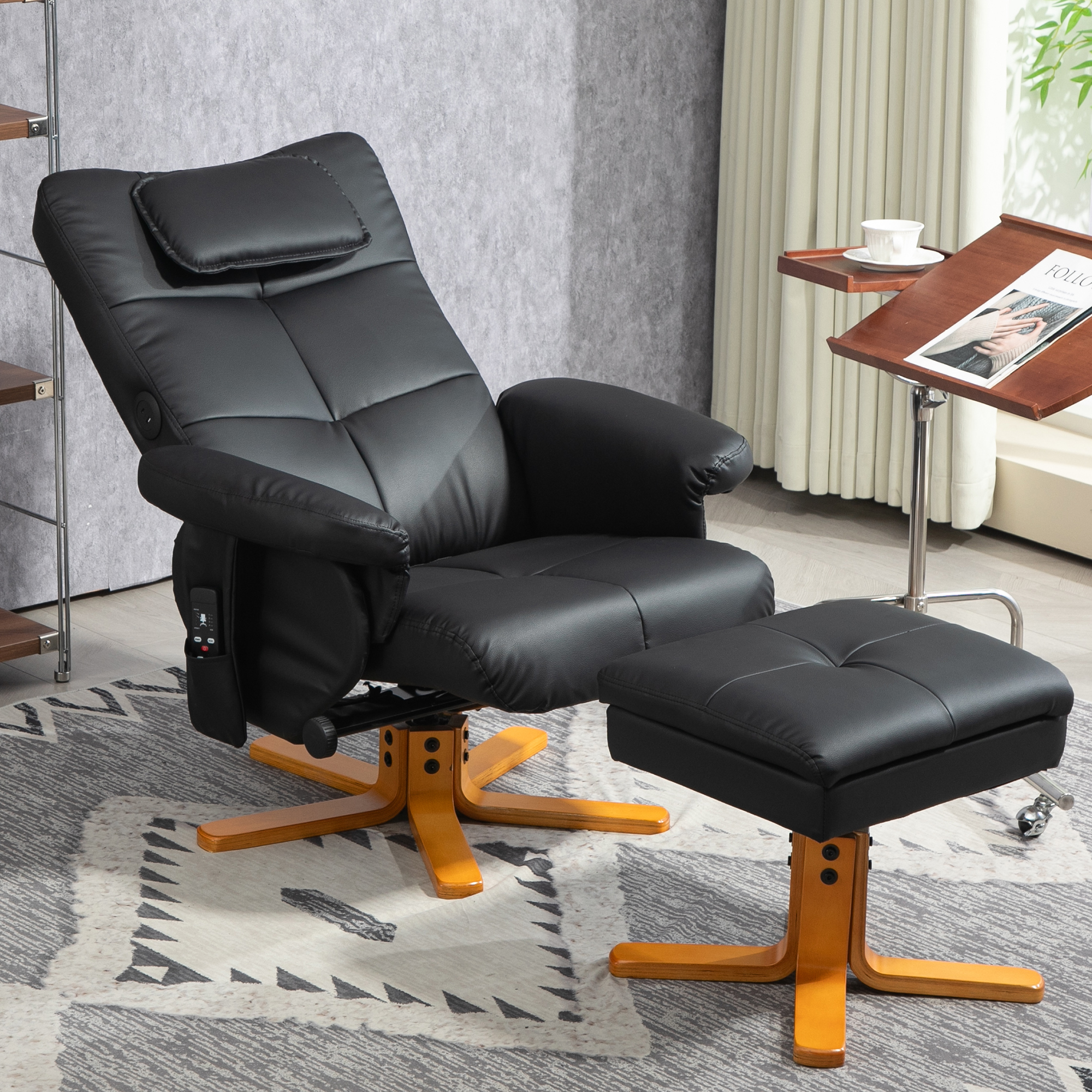 Faux Leather Massage Recliner Chair, With Storage Ottoman - Black — image 4