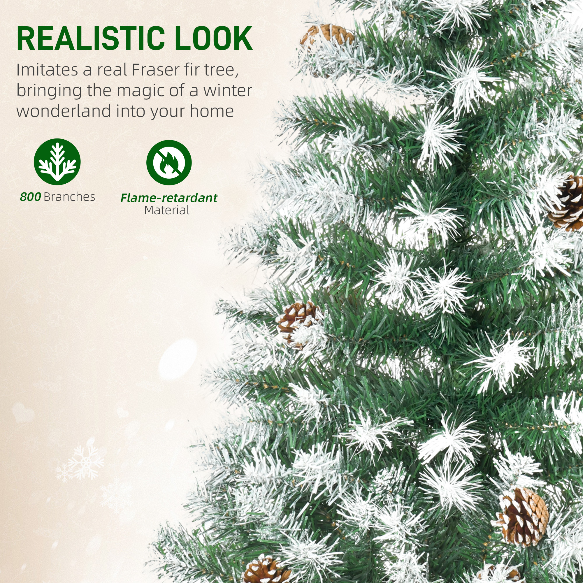  6ft Unlit Snow-Dusted Full Fir Artificial Christmas Tree with Realistic Branches, 61 Pine Cones and 800 Tips